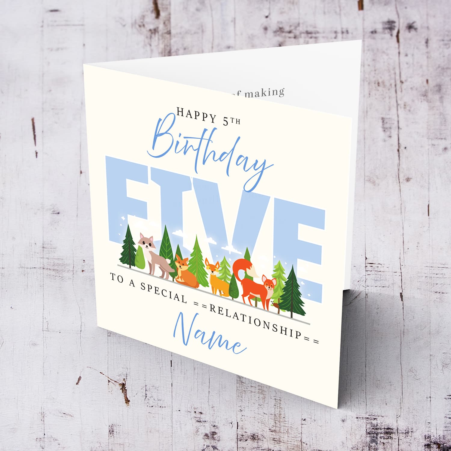 A cute 5 th Birthday card - featuring cute forest animals and trees in English (Personalisable)