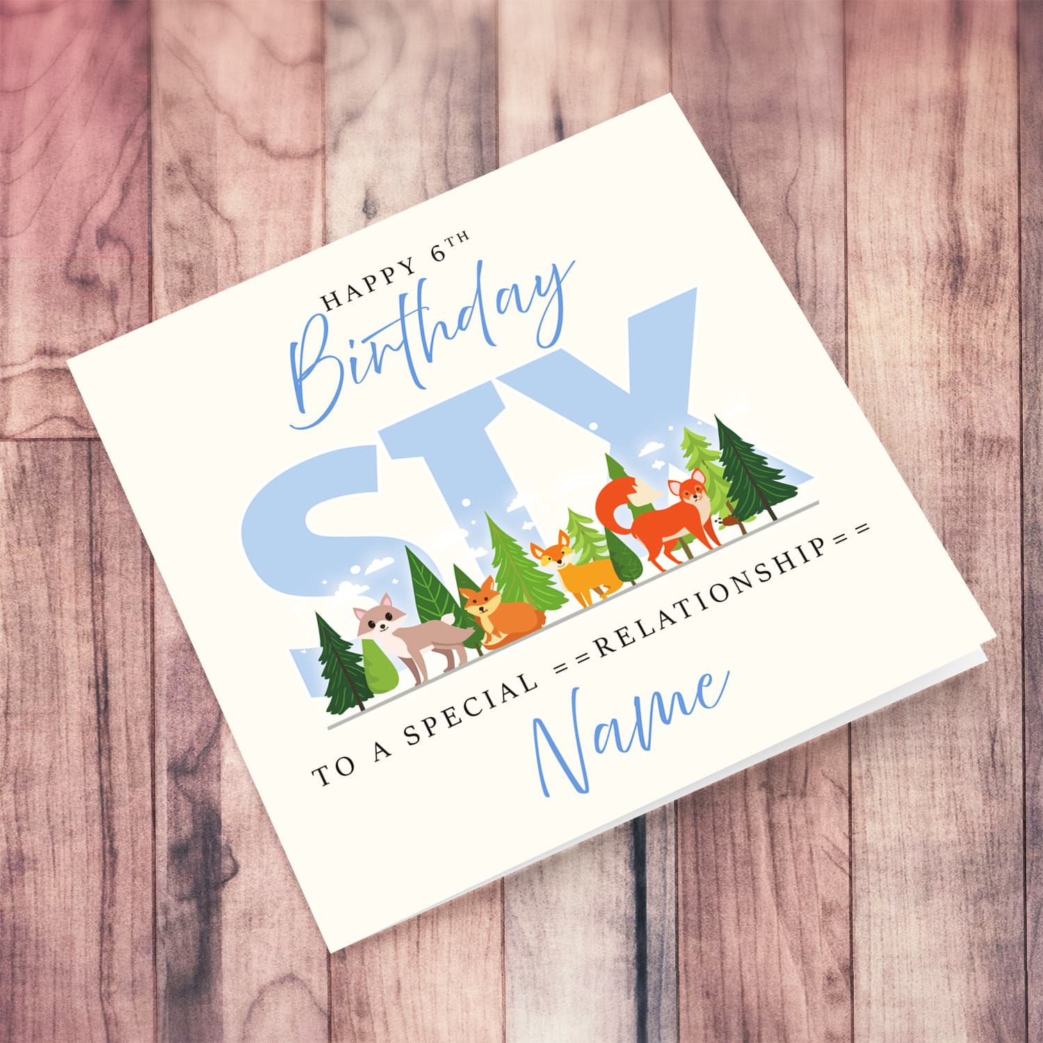 A cute 6 thBirthday card - featuring cute forest animals and trees in English (Personalisable)