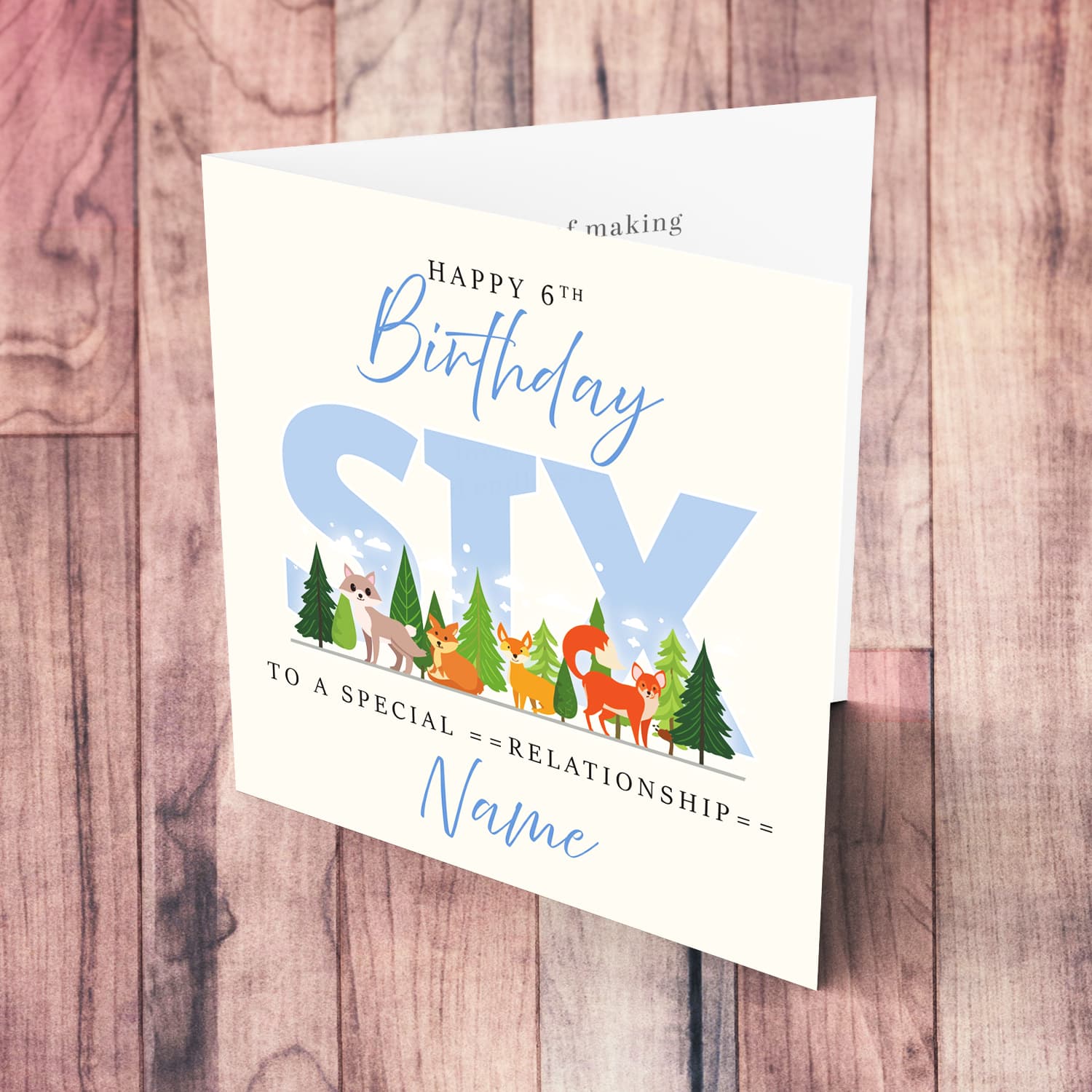 A cute 6 thBirthday card - featuring cute forest animals and trees in English (Personalisable)