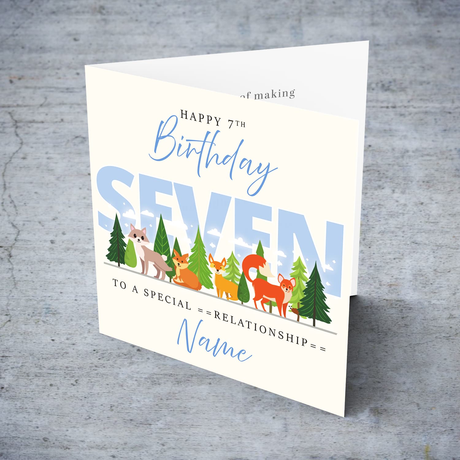 A cute 7 th Birthday card - featuring cute forest animals and trees in English (Personalisable)