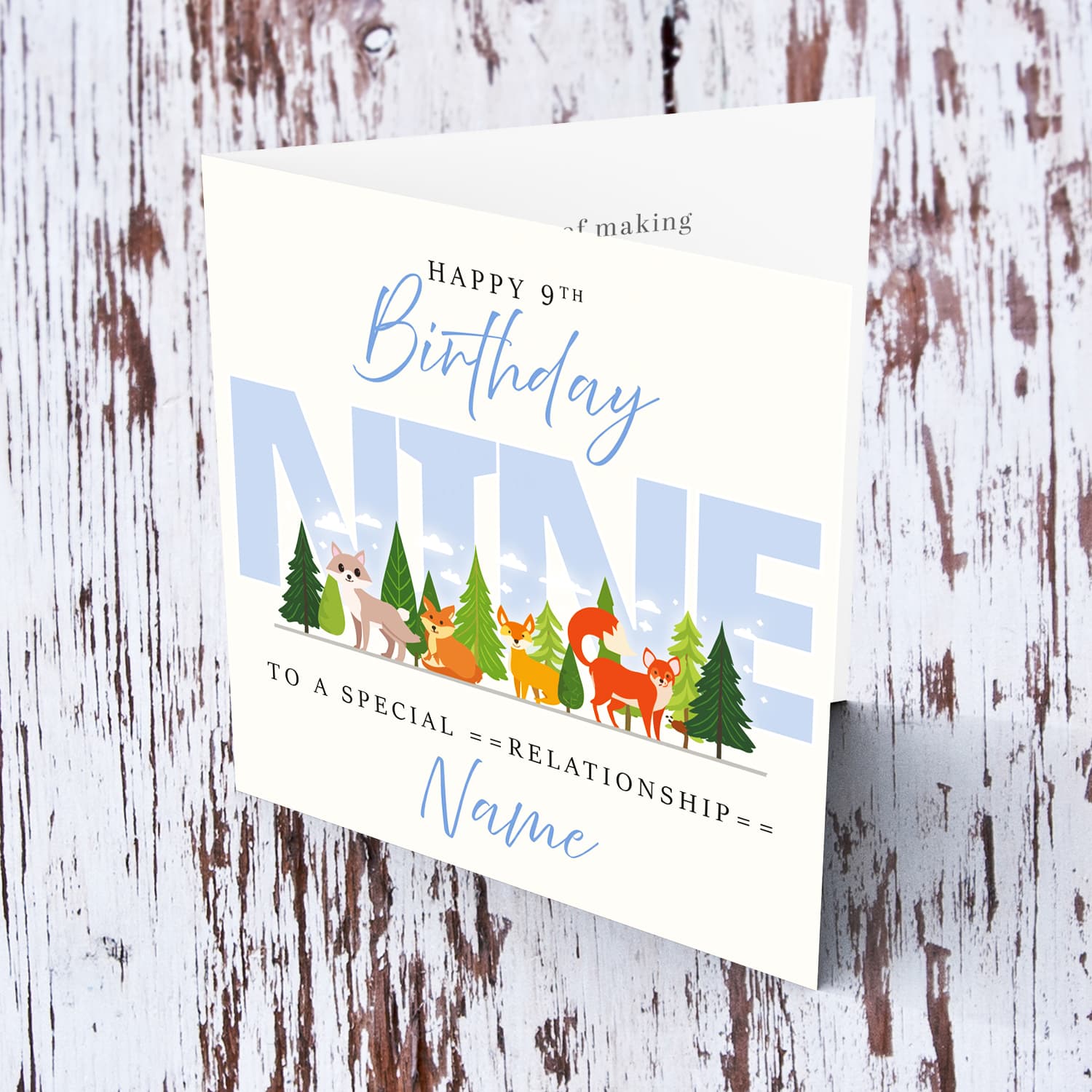 A cute 9 thBirthday card - featuring cute forest animals and trees in English (Personalisable)