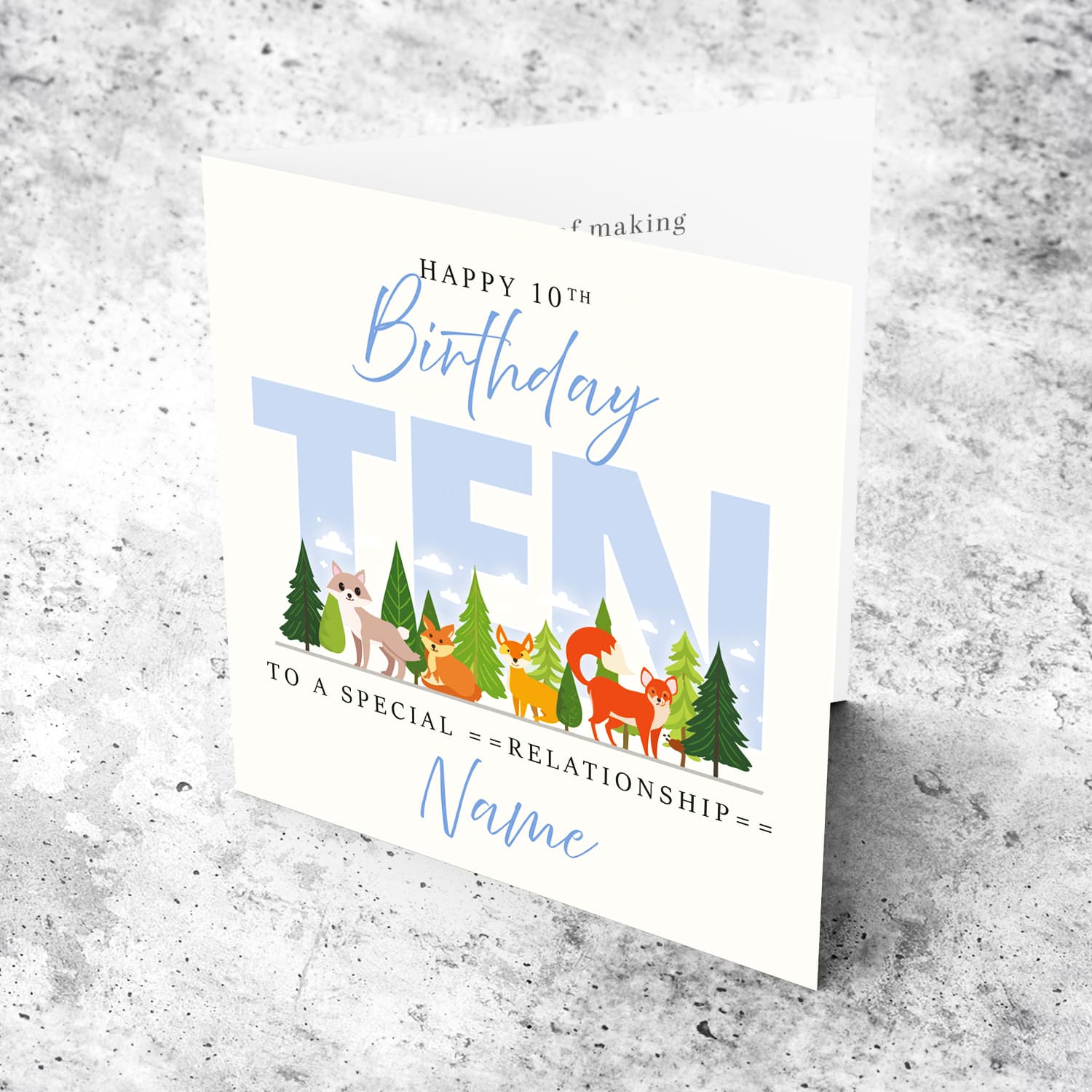 A cute 10 th Birthday card - featuring cute forest animals and trees in English (Personalisable)
