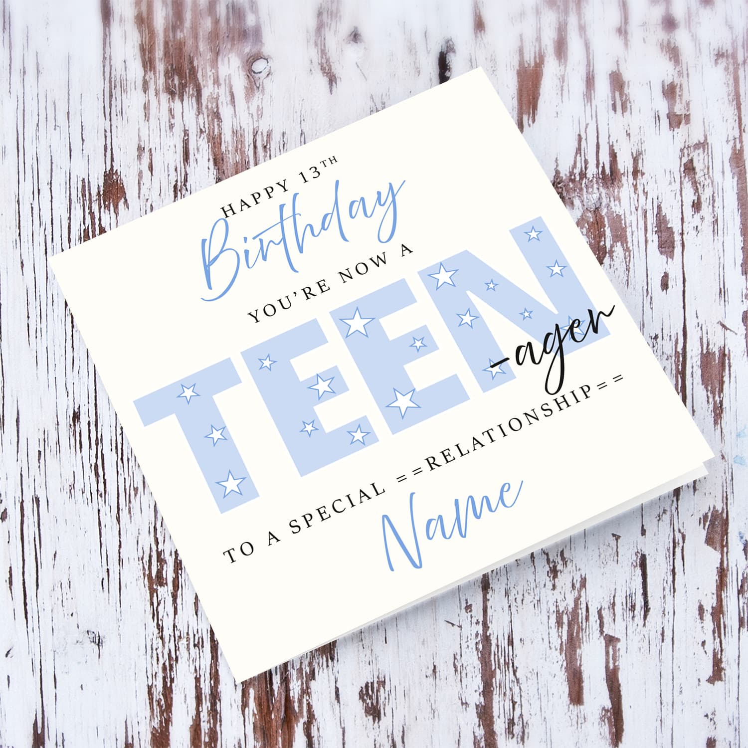 A cute 13th TEENAGER Birthday card - featuring large font TEEN with scattered stars in English (Personalisable)