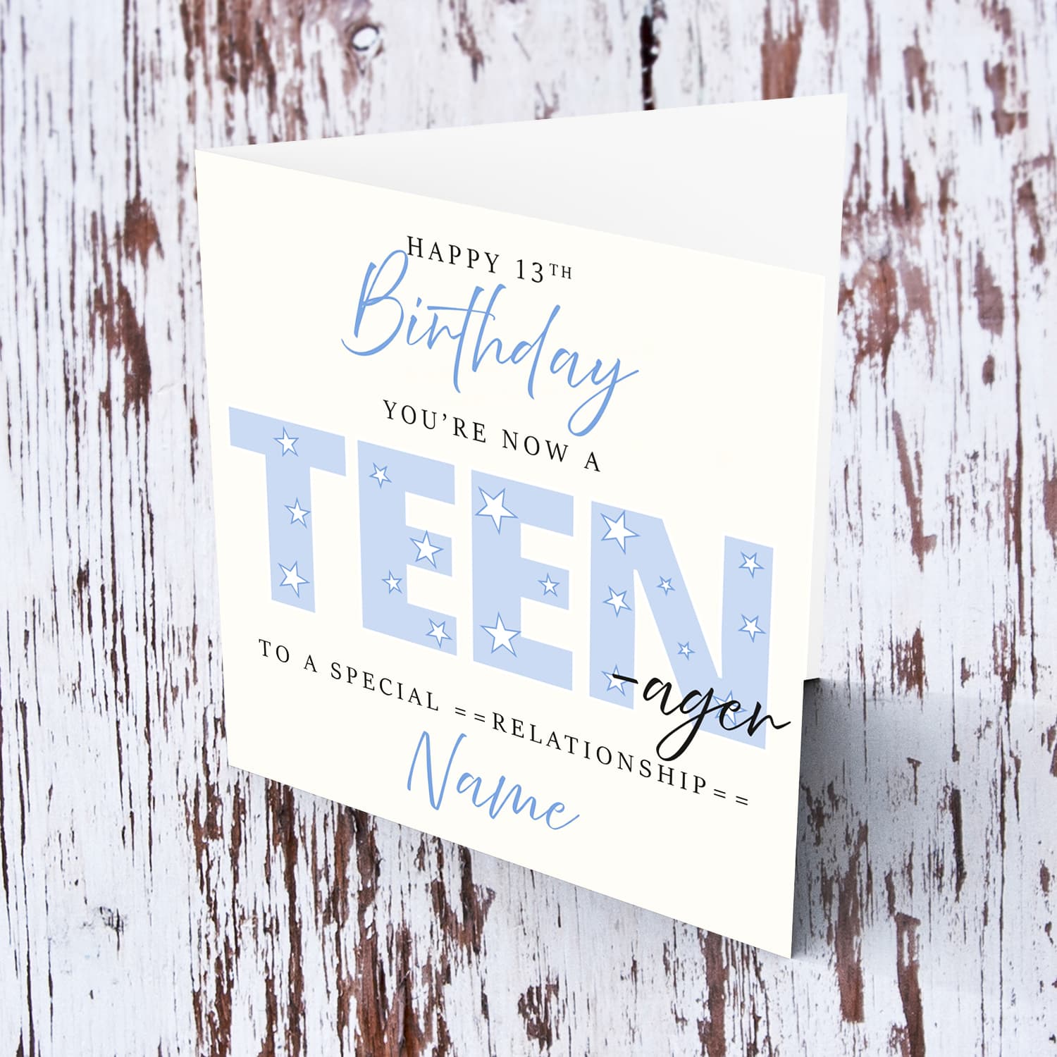A cute 13th TEENAGER Birthday card - featuring large font TEEN with scattered stars in English (Personalisable)