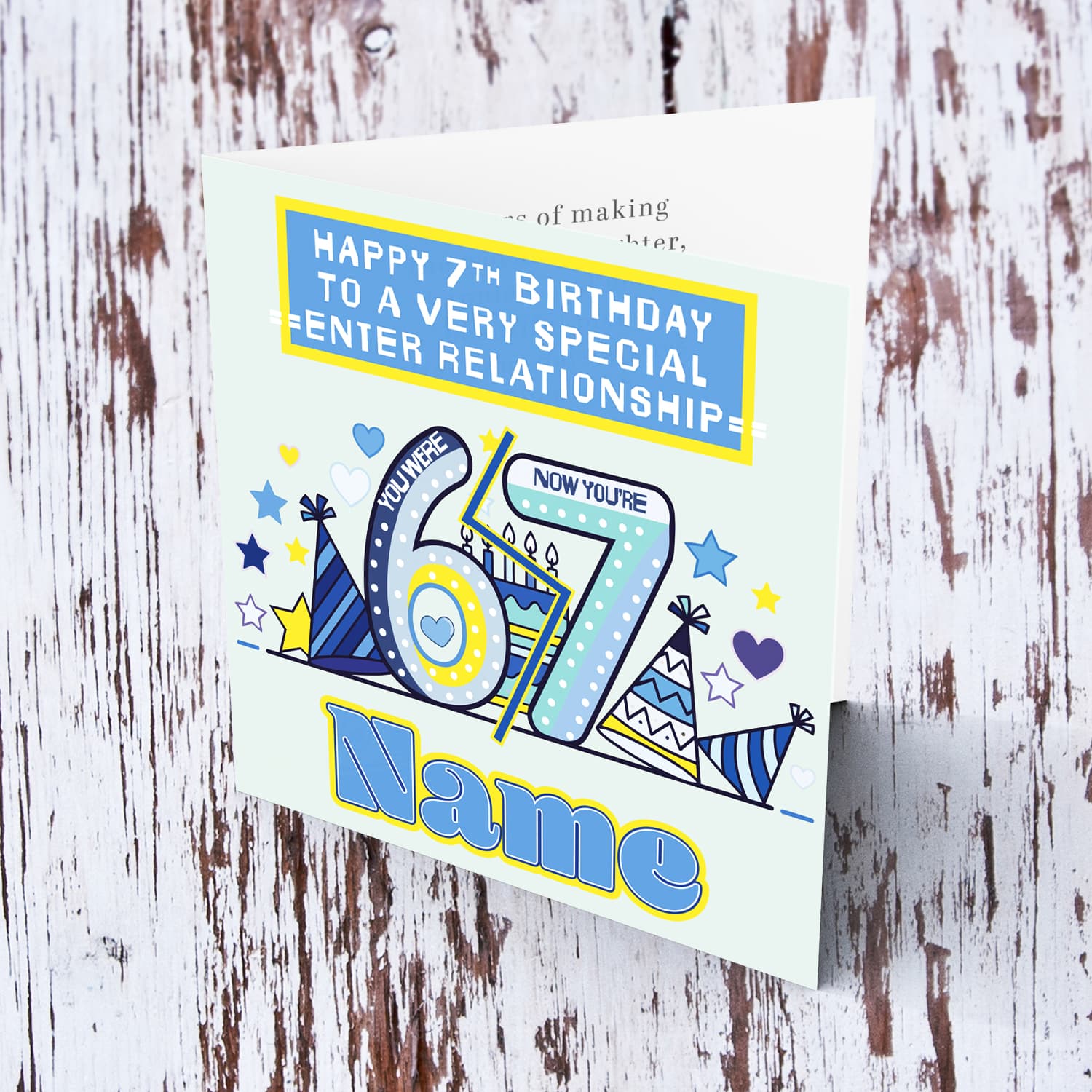 Cool 6 - 7 Birthday card for boys featuring a big 6 & 7, party hats and birthday cake in English (Personalisable)