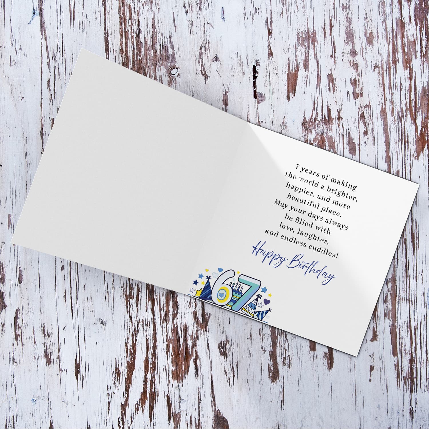 Cool 6 - 7 Birthday card for boys featuring a big 6 & 7, party hats and birthday cake in English (Personalisable)