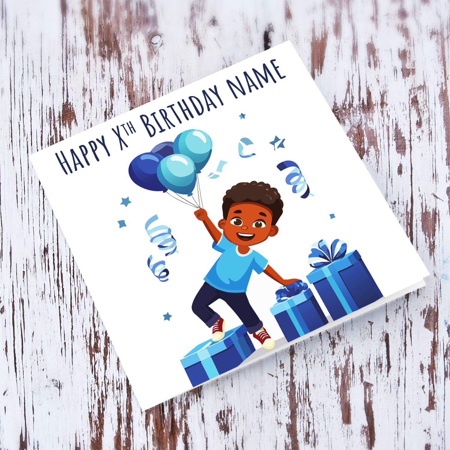 A cute birthday card featuring a boy surrounded with presents and balloons in English (Personalisable with age and name)