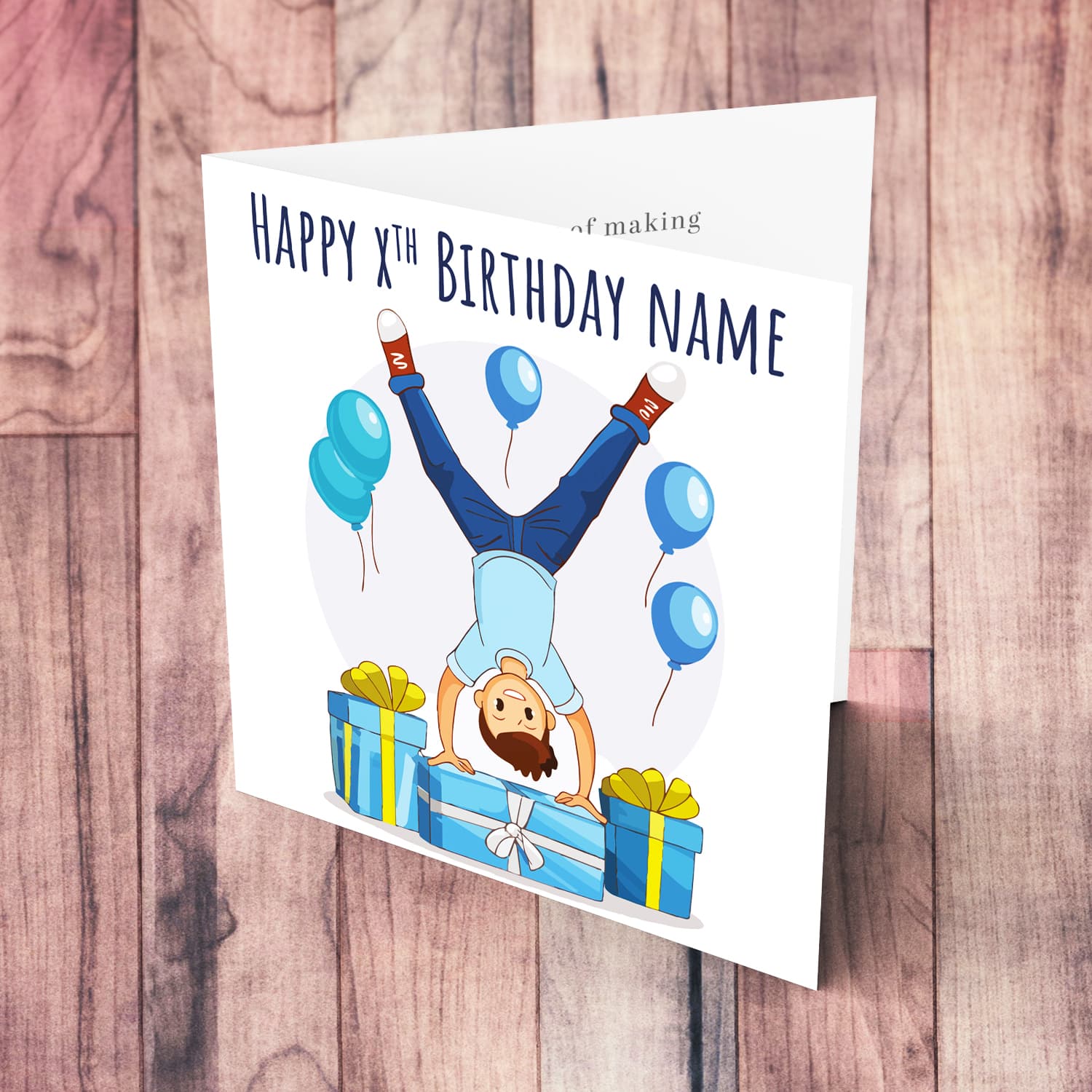 A cute birthday card featuring a boy doing a headstand surrounded with presents and balloons in English (Personalisable with age and name)