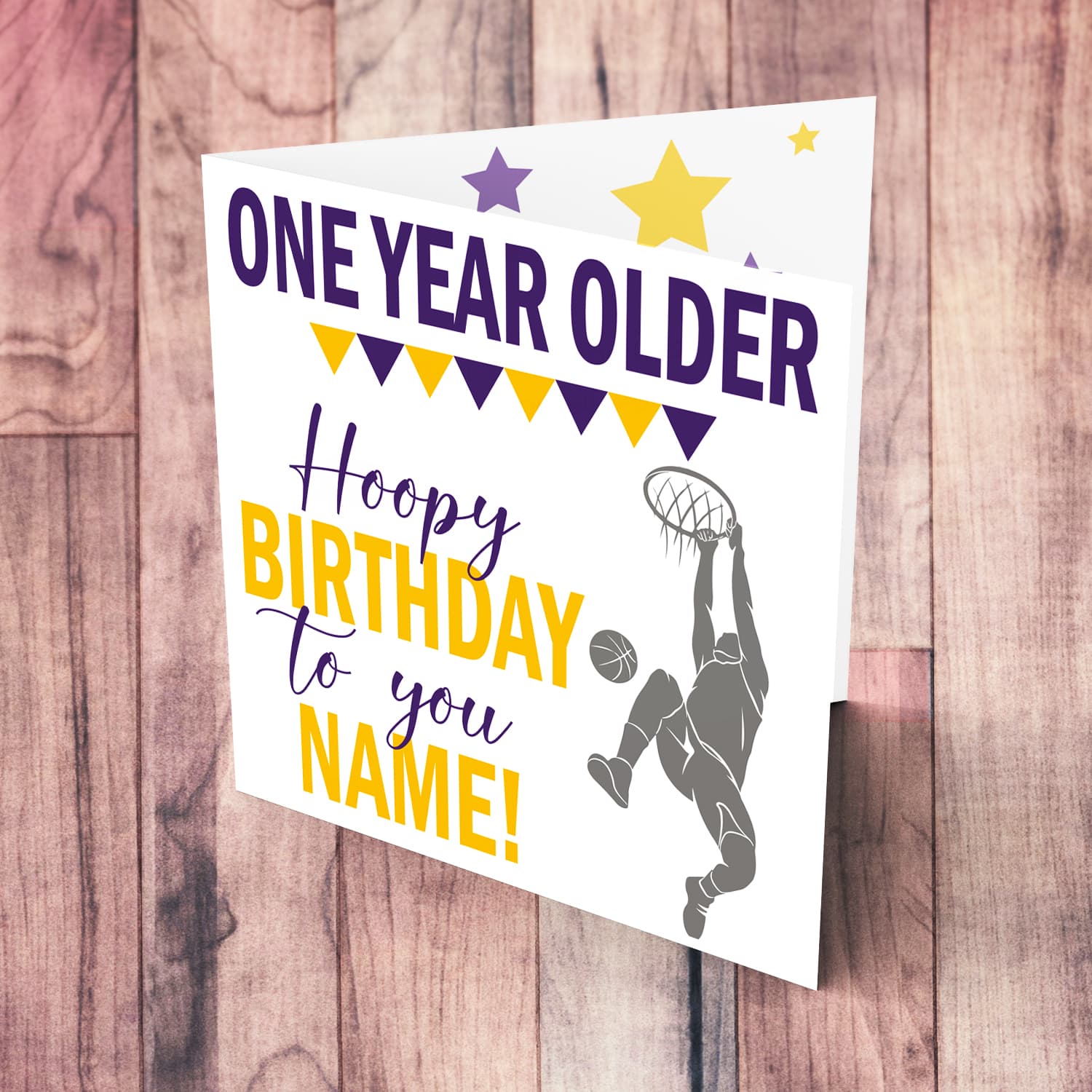 A basketball themed birthday card in yellow and purple colours in English (Unisex & Personalisable)