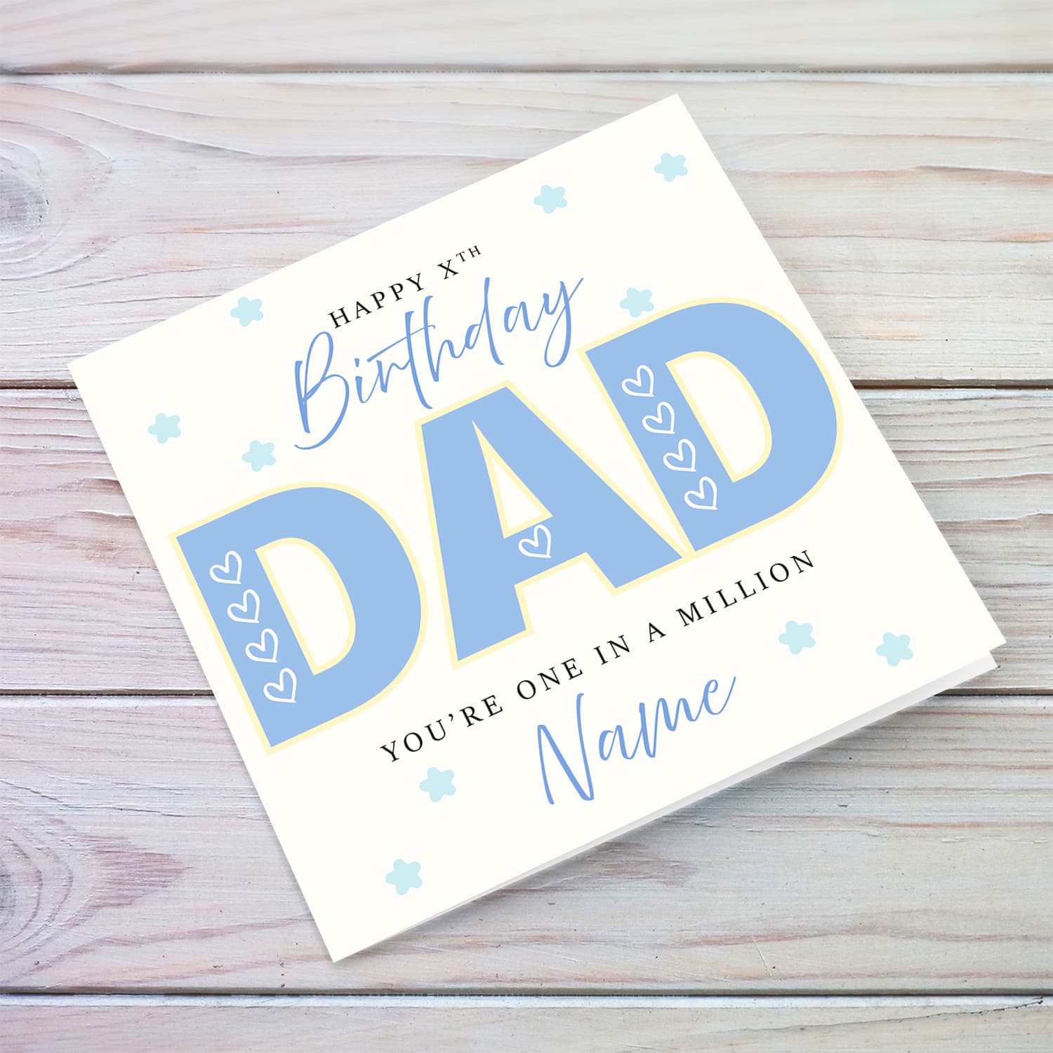 A beautiful birthday card for DAD in big light blue font featuring hearts in English (Personalisable)