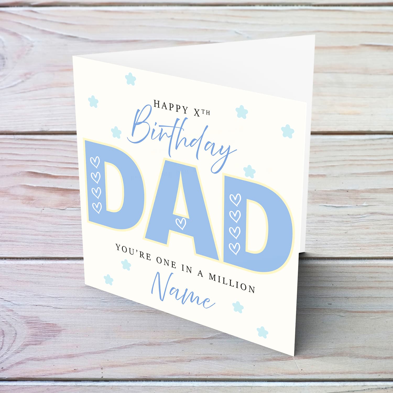 A beautiful birthday card for DAD in big light blue font featuring hearts in English (Personalisable)