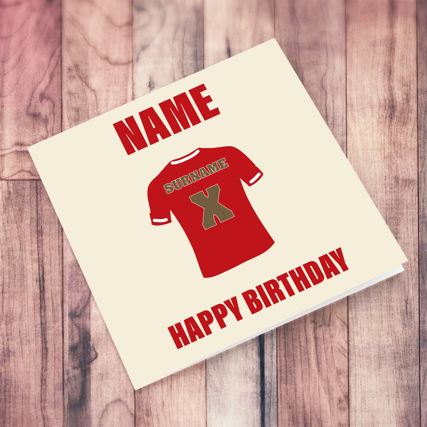 Liverpool / Manchester United / Roma / themed birthday card featuring a football kit in red, adding a personal touch: Surname and Age or Kit Number in English (Personalisable)