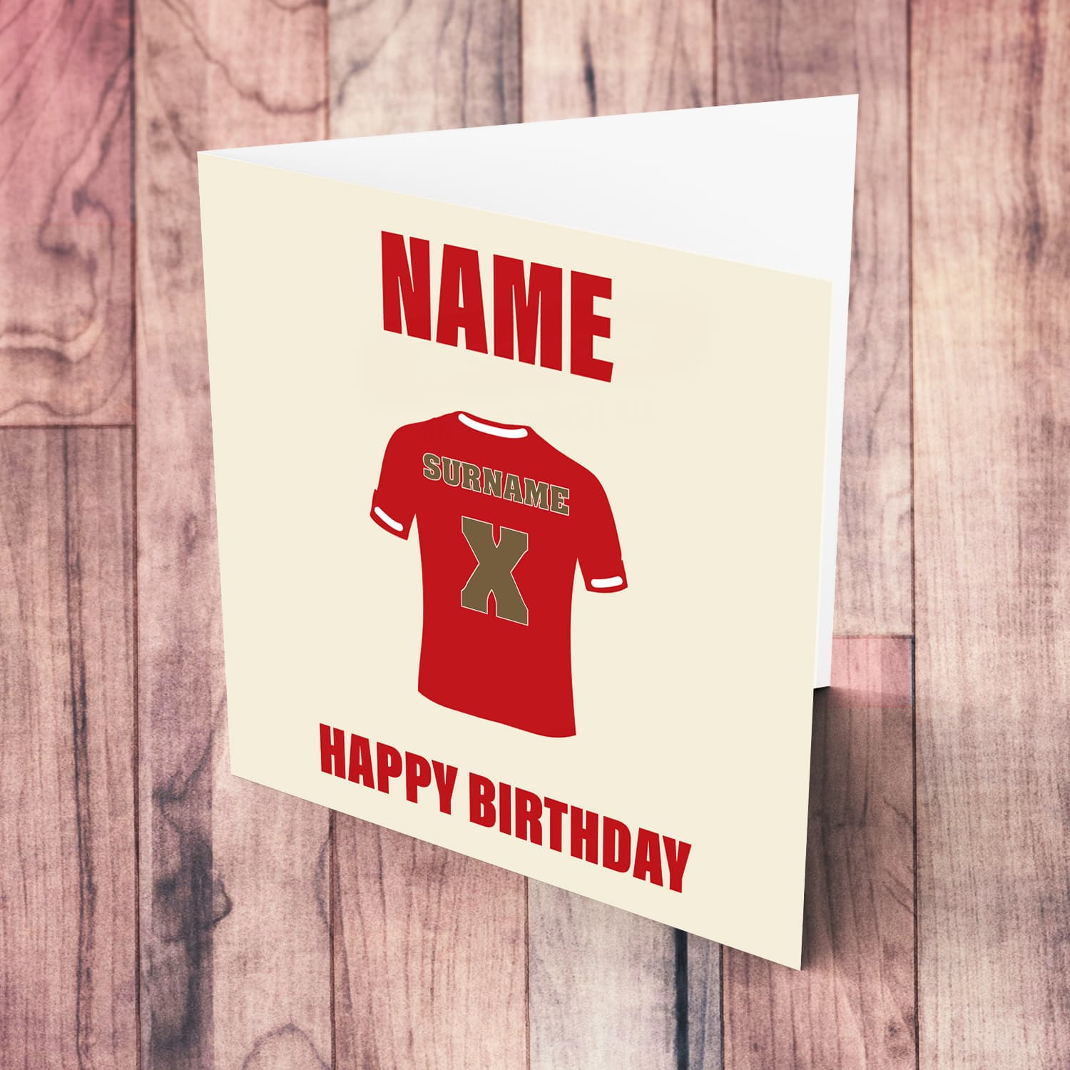 Liverpool / Manchester United / Roma / themed birthday card featuring a football kit in red, adding a personal touch: Surname and Age or Kit Number in English (Personalisable)
