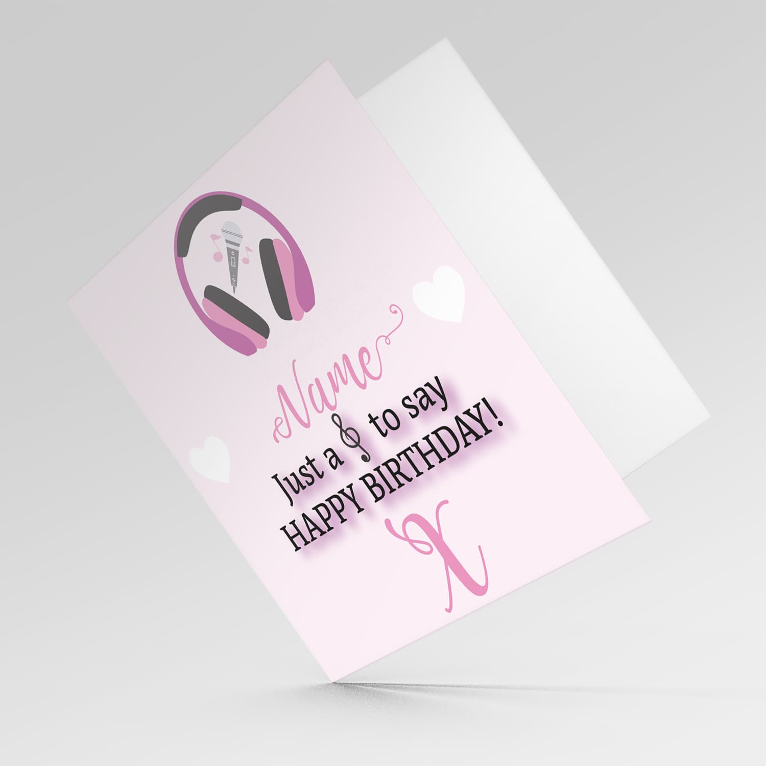 Music themed birthday card - ( headphones, microphone and musical note ) in pink background and white hearts in English
