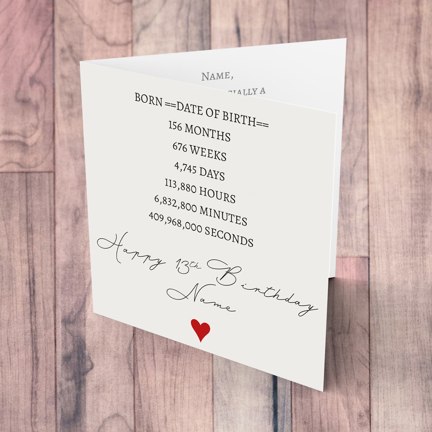 Teenager minimalist birthday card with red heart, with months, weeks, days etc...  in English (Personalisable)