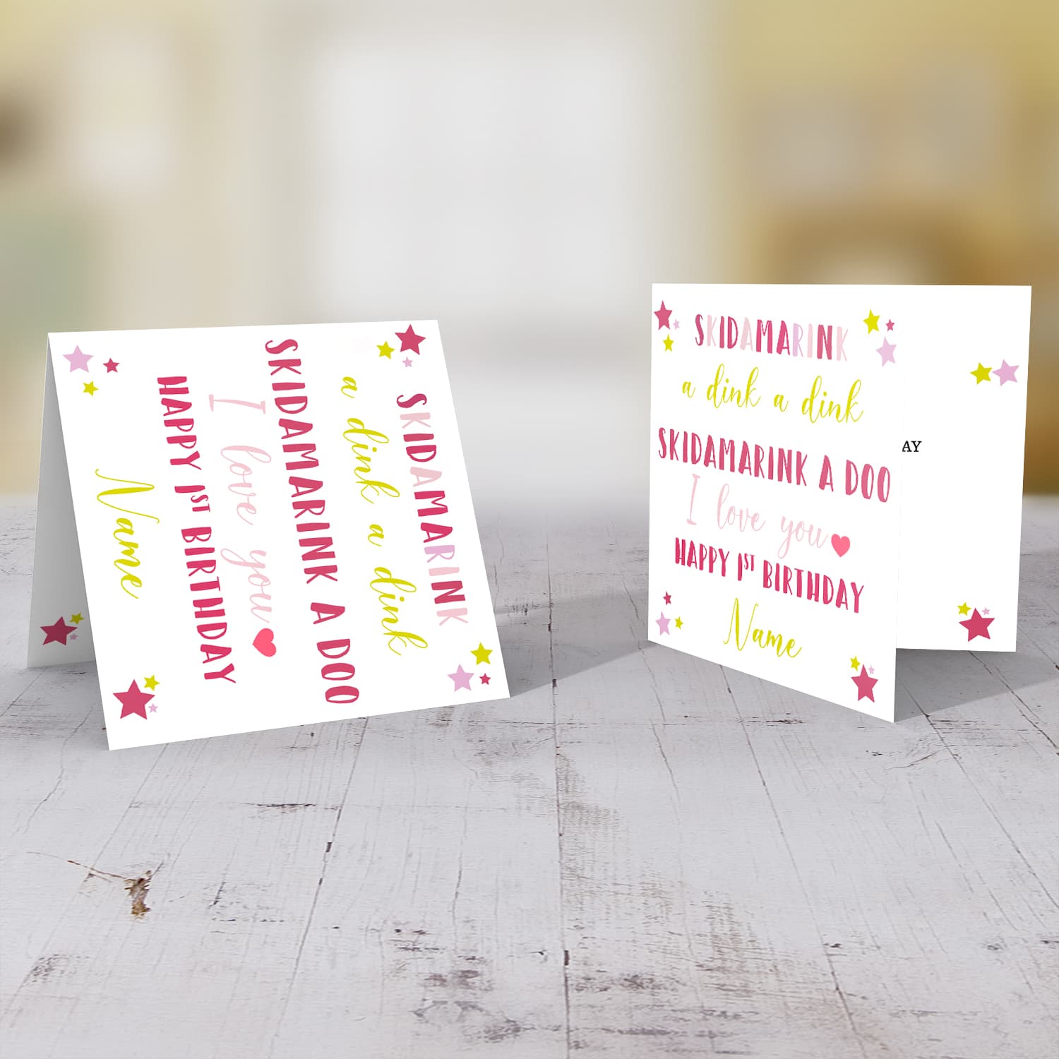 Skidamarink a dink a dink first birthday card for girls in English (Personalisable)