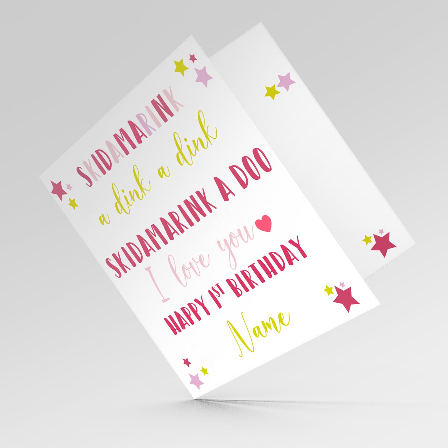 Skidamarink a dink a dink first birthday card for girls in English (Personalisable)
