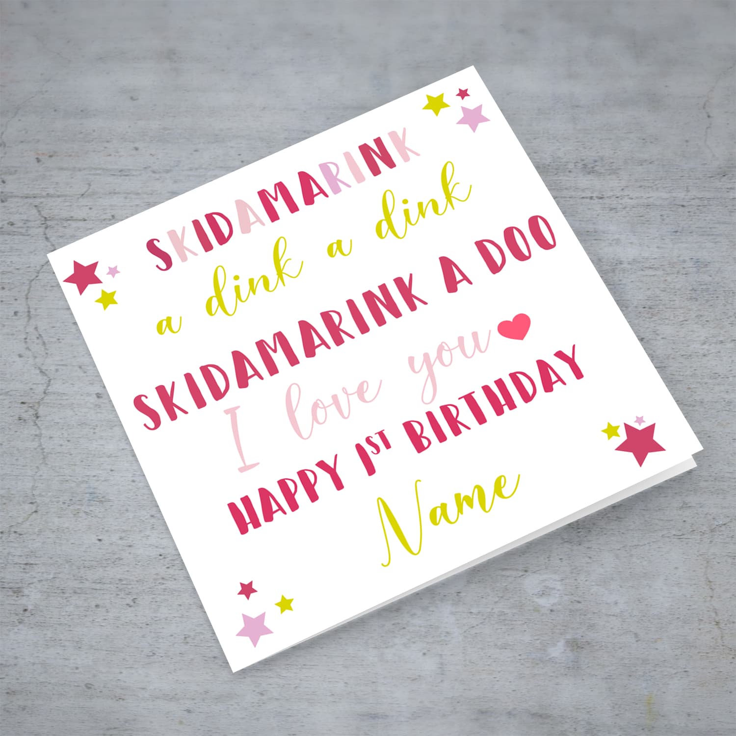 Skidamarink a dink a dink first birthday card for girls in English (Personalisable)