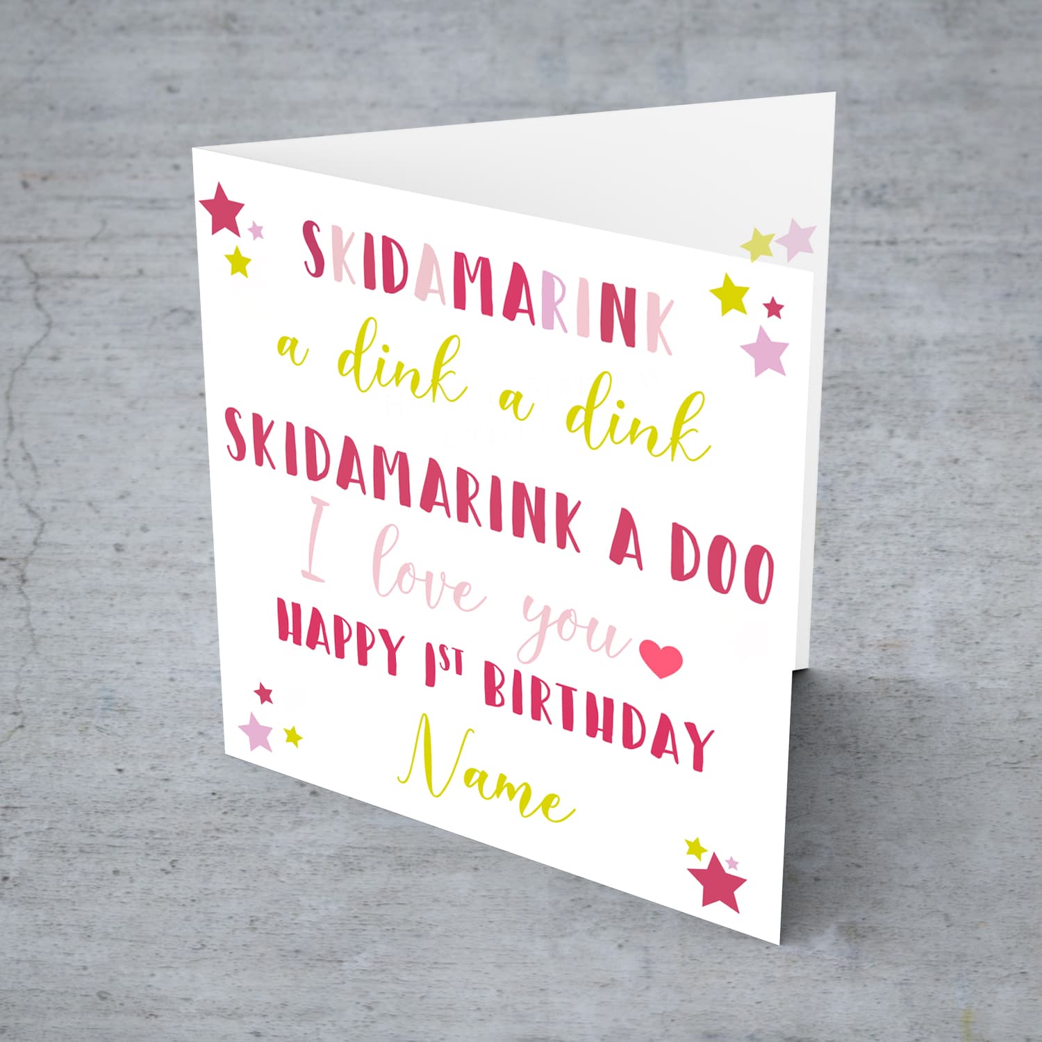 Skidamarink a dink a dink first birthday card for girls in English (Personalisable)