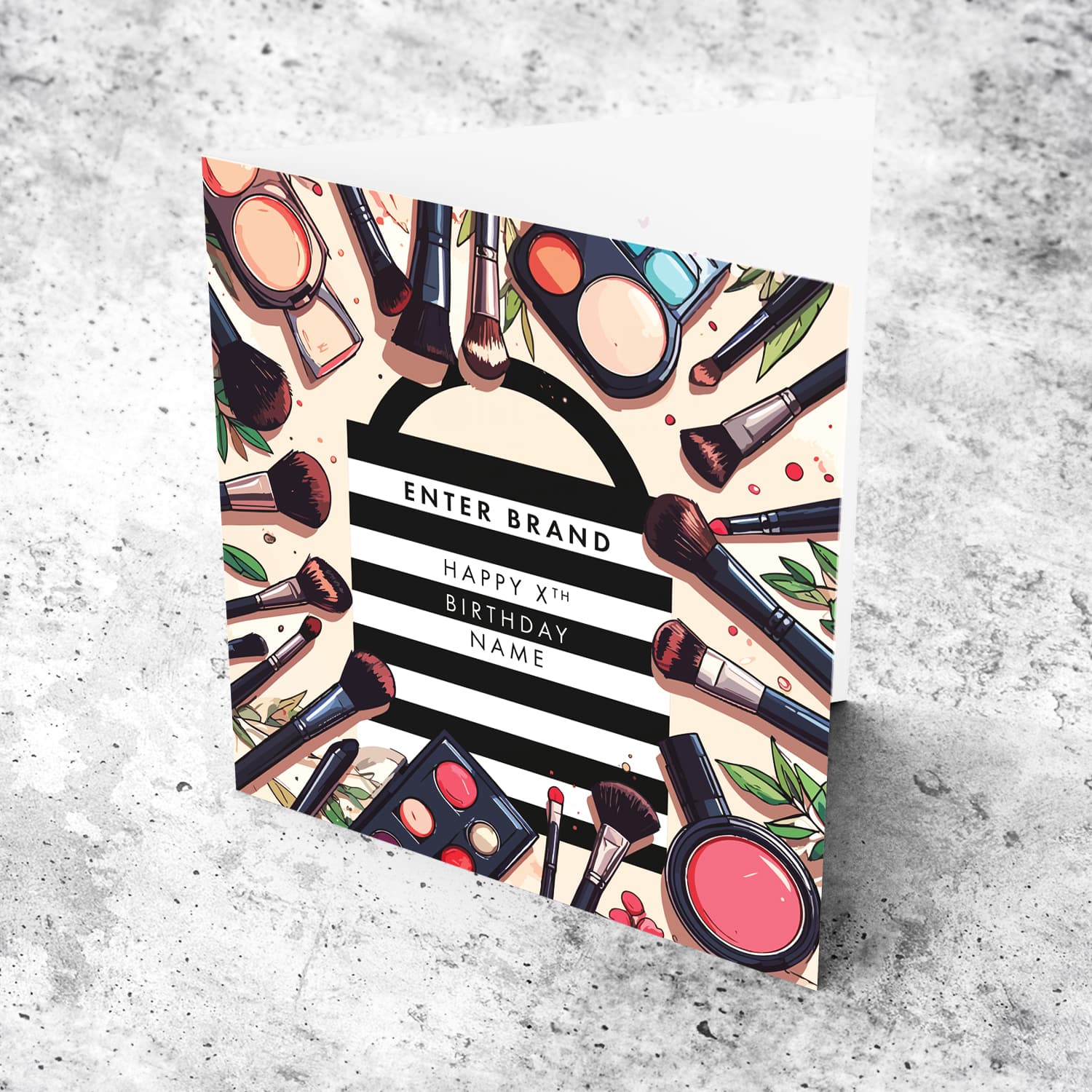 A beautiful make up themed birthday card, featuring a black and white striped bag including various make up brushes in English (Enter Age & Personalisable)