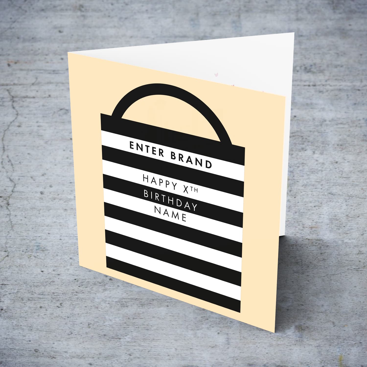 A minimalist make up themed birthday card, featuring a black and white striped bag with a light pastel coloured background in English (Enter Age & Personalisable)