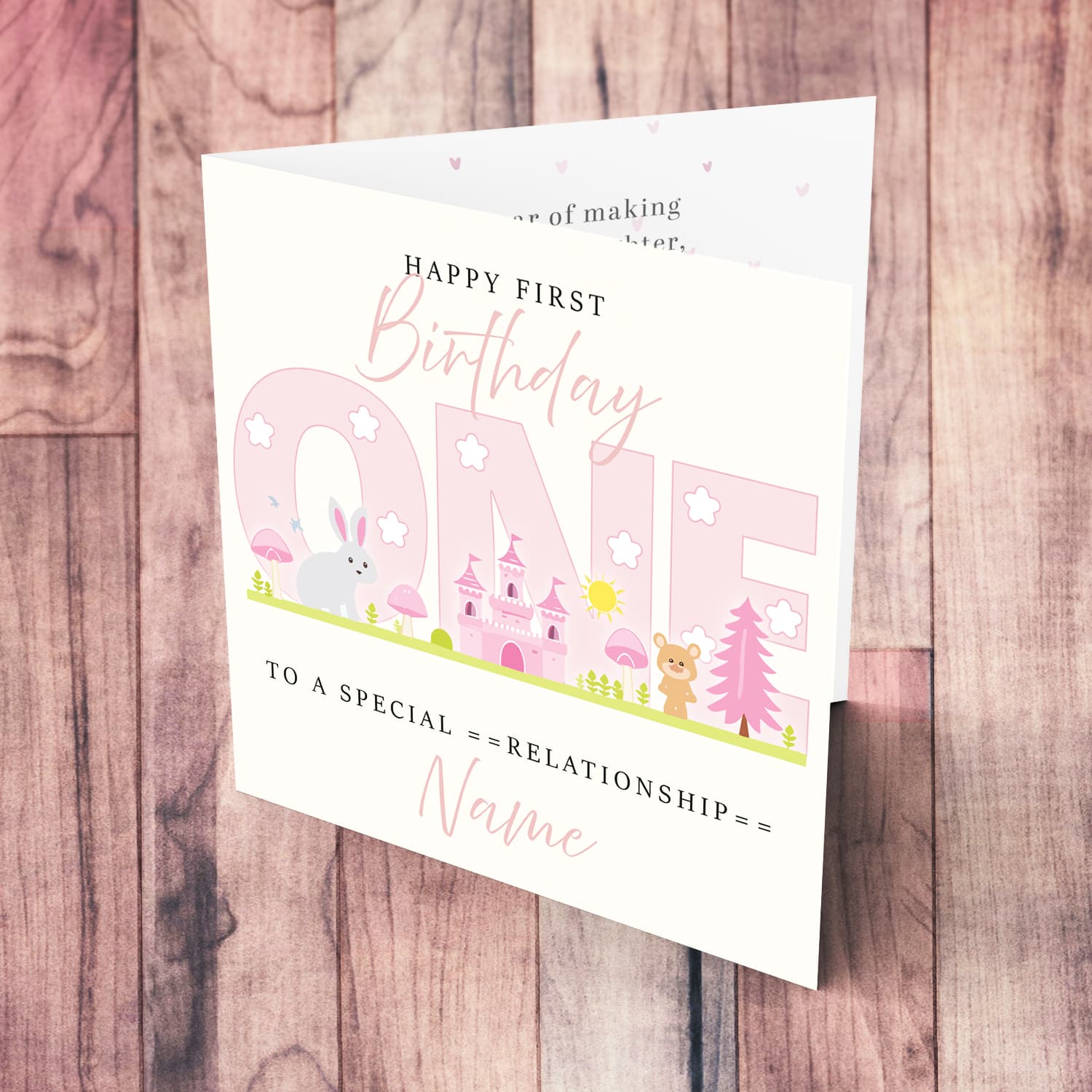 A cute First Birthday card - featuring fairy themed forest & animals in English (Personalisable)