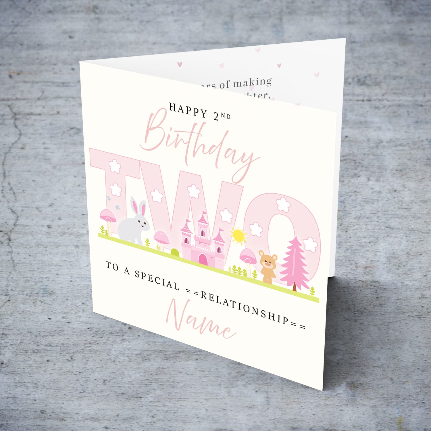 A cute 2 nd Birthday card - featuring fairy themed forest & animals in English (Personalisable)