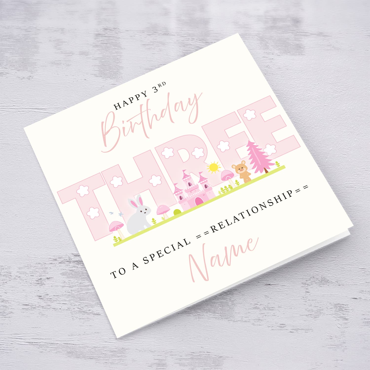 A cute 3 rd Birthday card - featuring fairy themed forest & animals in English (Personalisable)