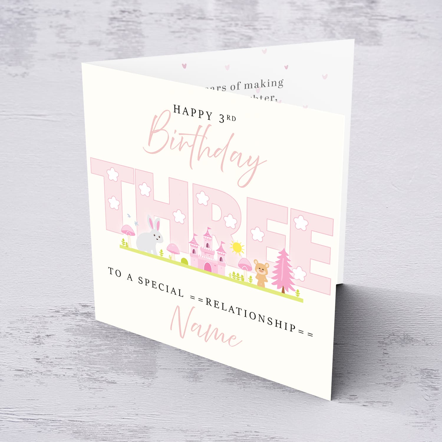 A cute 3 rd Birthday card - featuring fairy themed forest & animals in English (Personalisable)