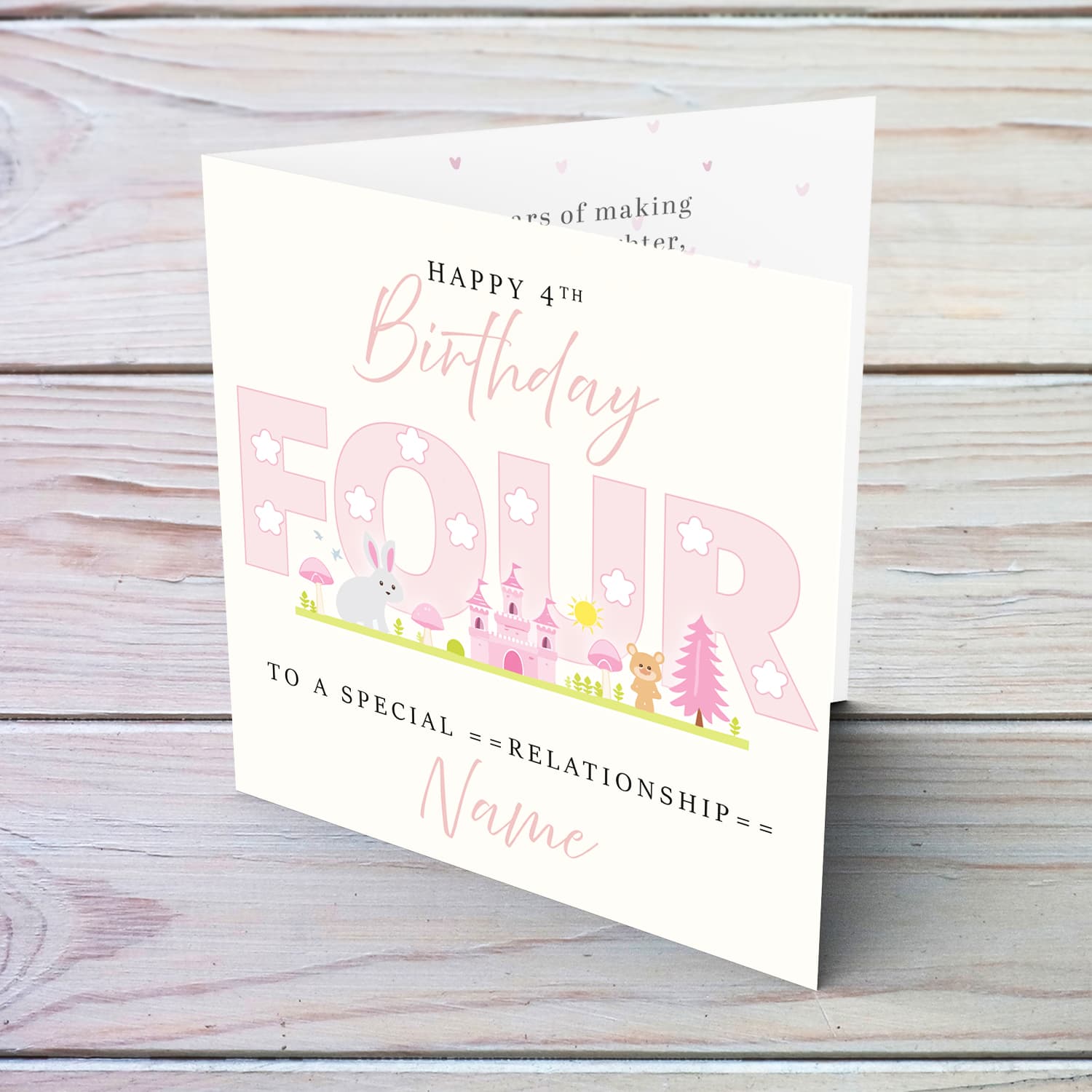 A cute 4 th Birthday card - featuring fairy themed forest & animals in English (Personalisable)
