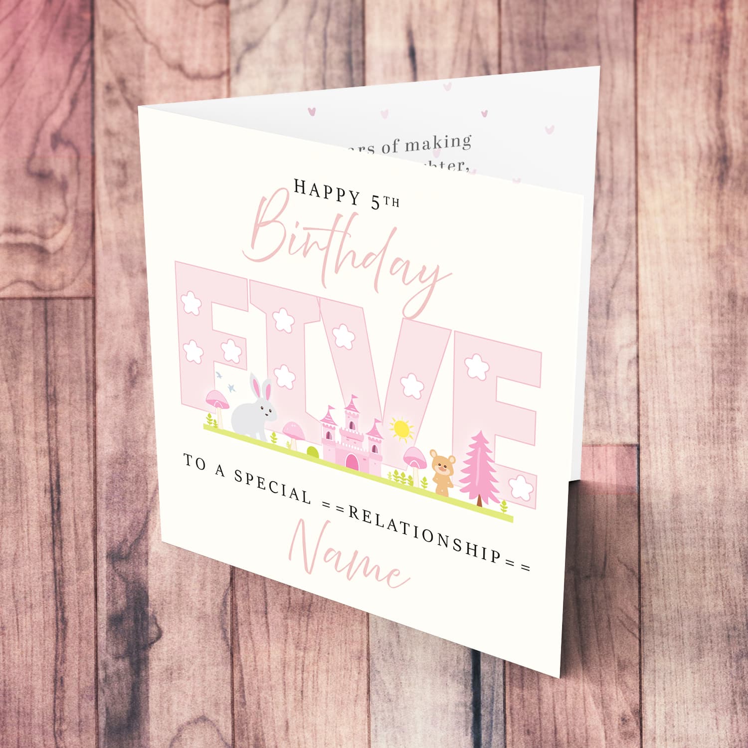 A cute 5 th Birthday card - featuring fairy themed forest & animals in English (Personalisable)