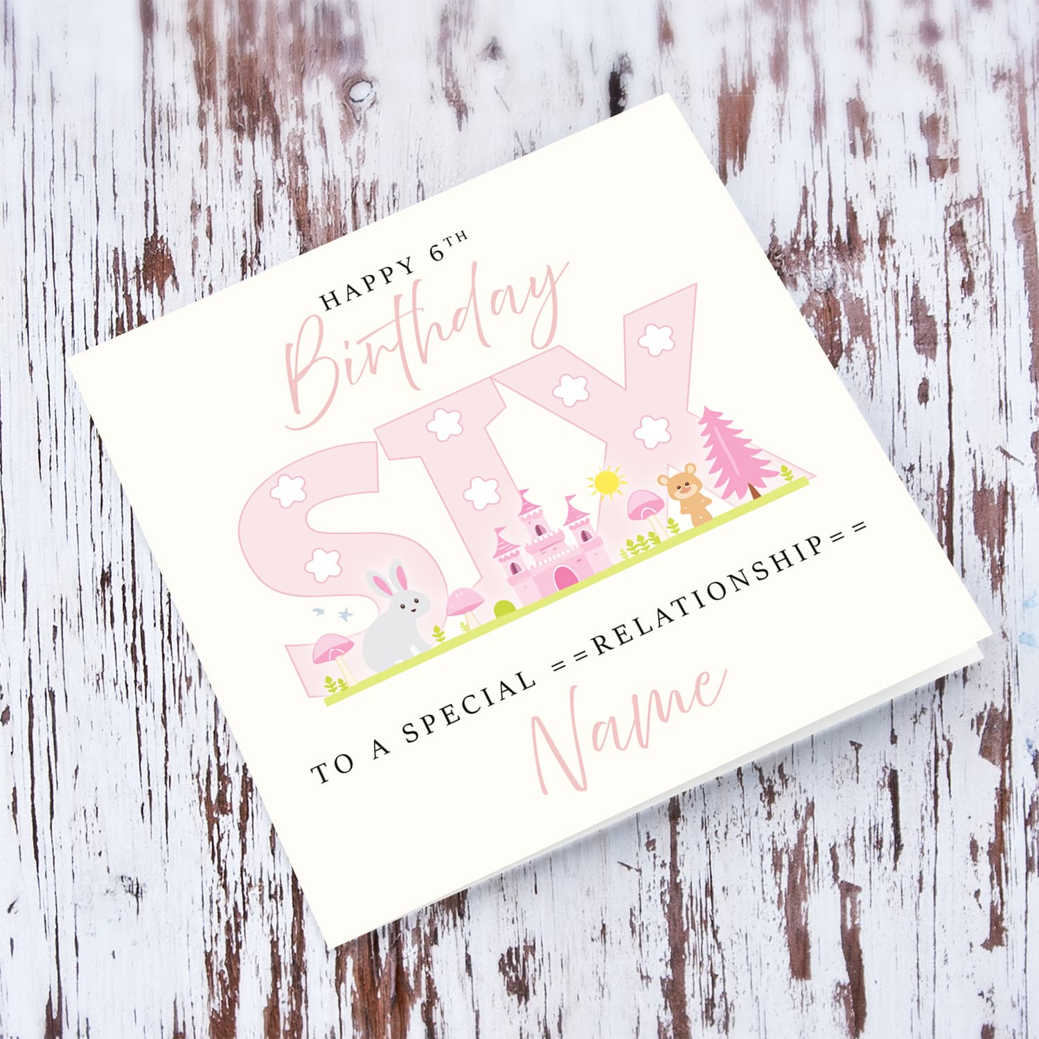 A cute 6 th Birthday card - featuring fairy themed forest & animals in English (Personalisable)