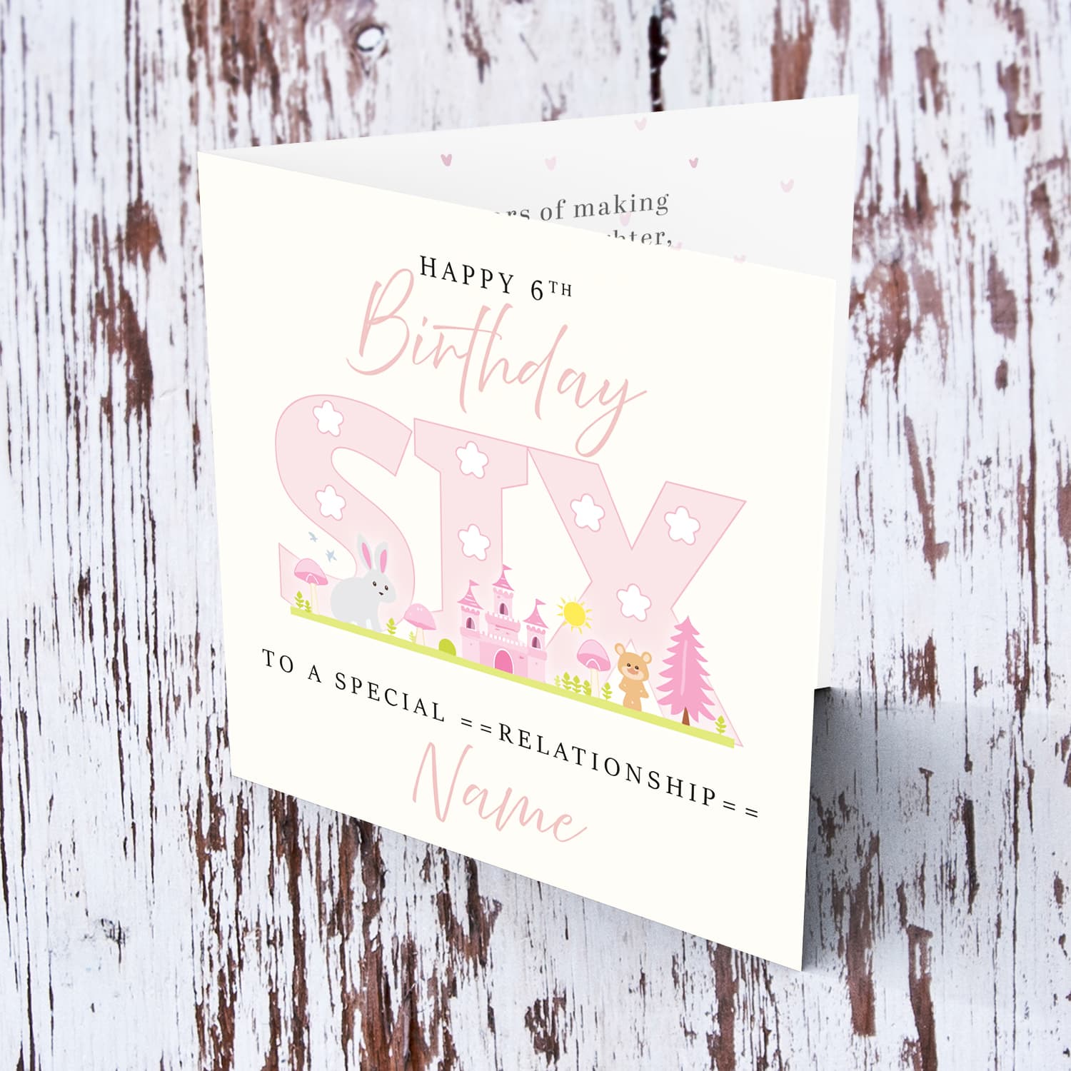A cute 6 th Birthday card - featuring fairy themed forest & animals in English (Personalisable)