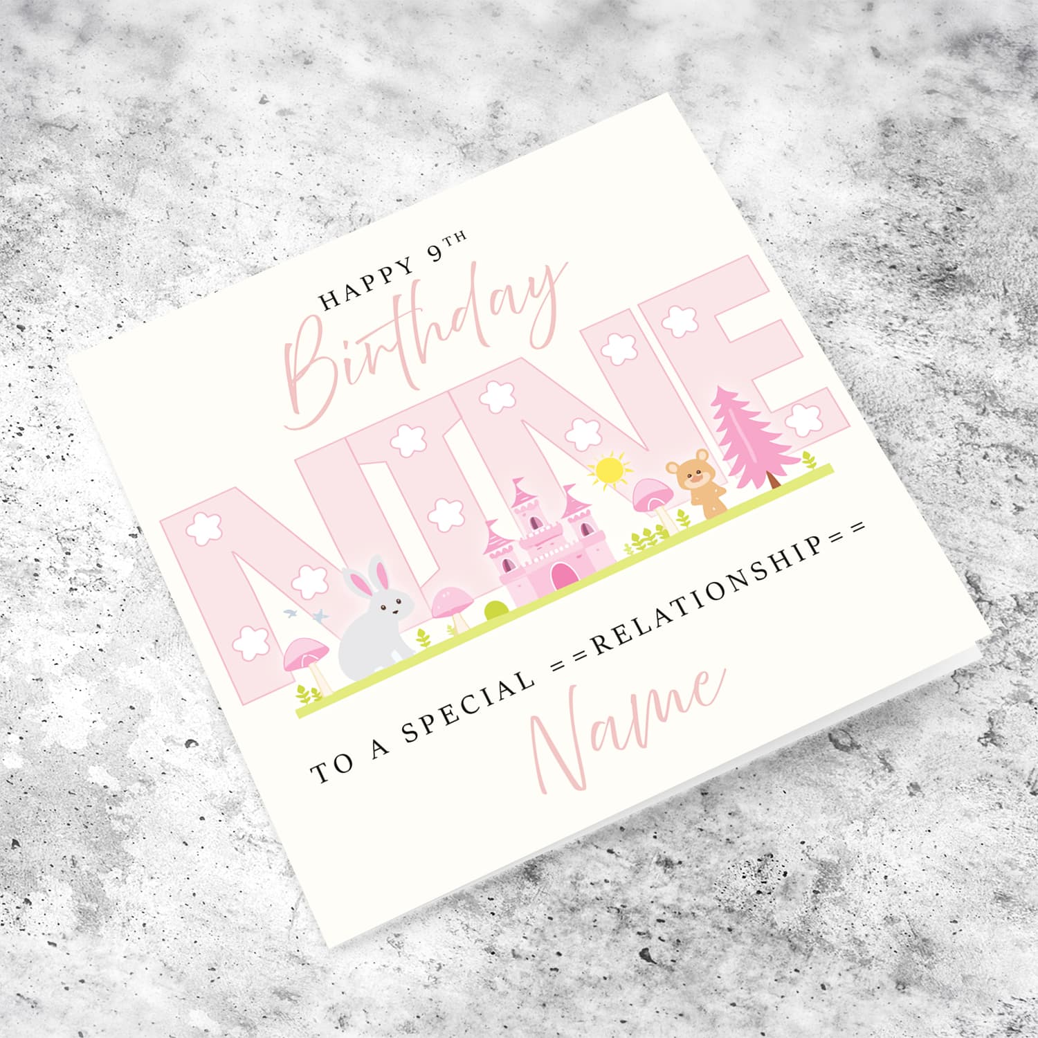 A cute 9 th Birthday card - featuring fairy themed forest & animals in English (Personalisable)