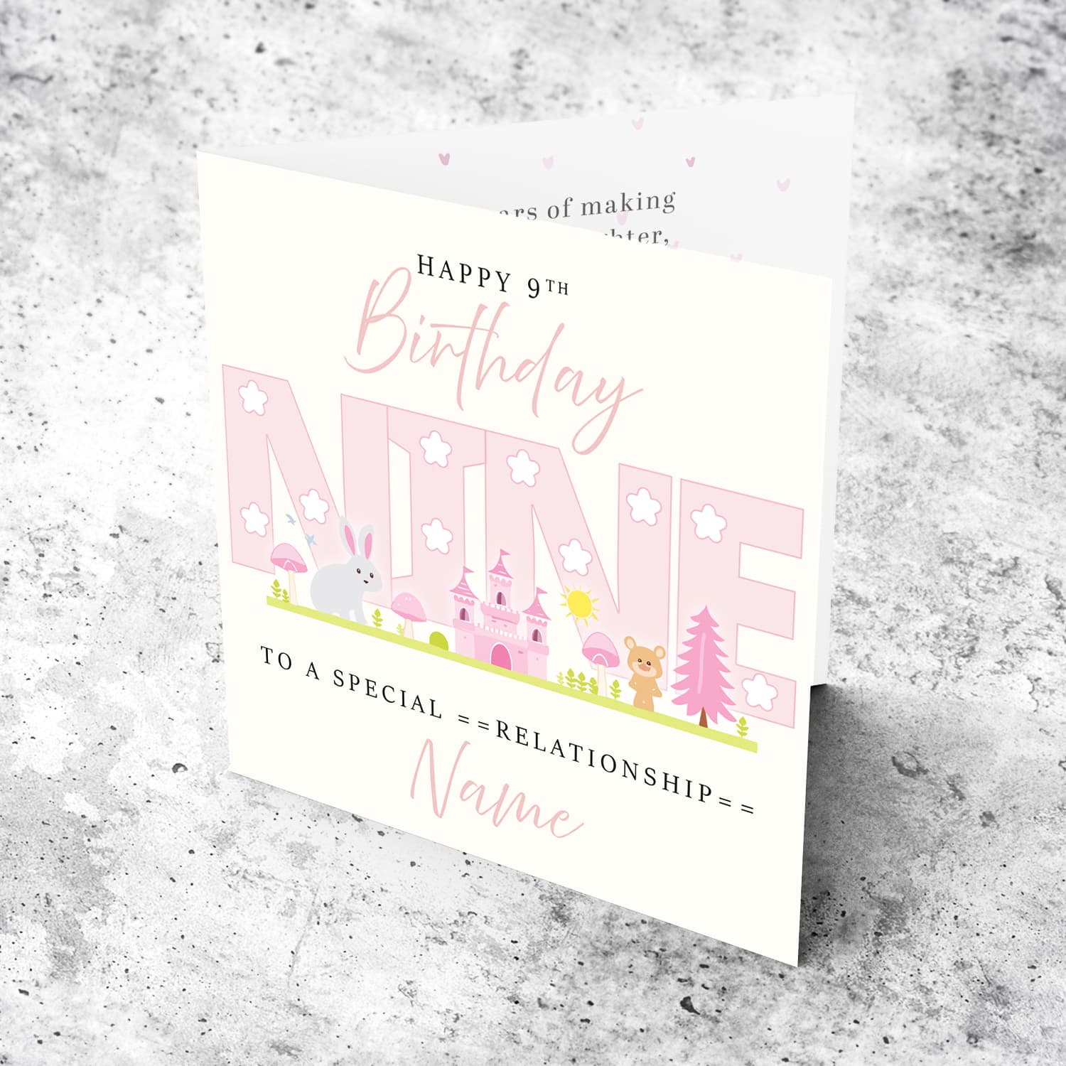 A cute 9 th Birthday card - featuring fairy themed forest & animals in English (Personalisable)