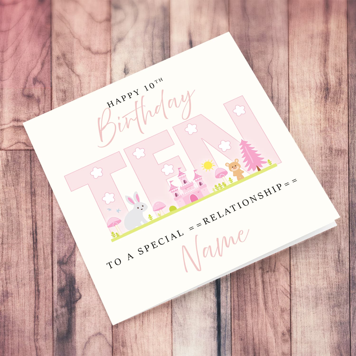 A cute 10 th Birthday card - featuring fairy themed forest & animals in English (Personalisable)