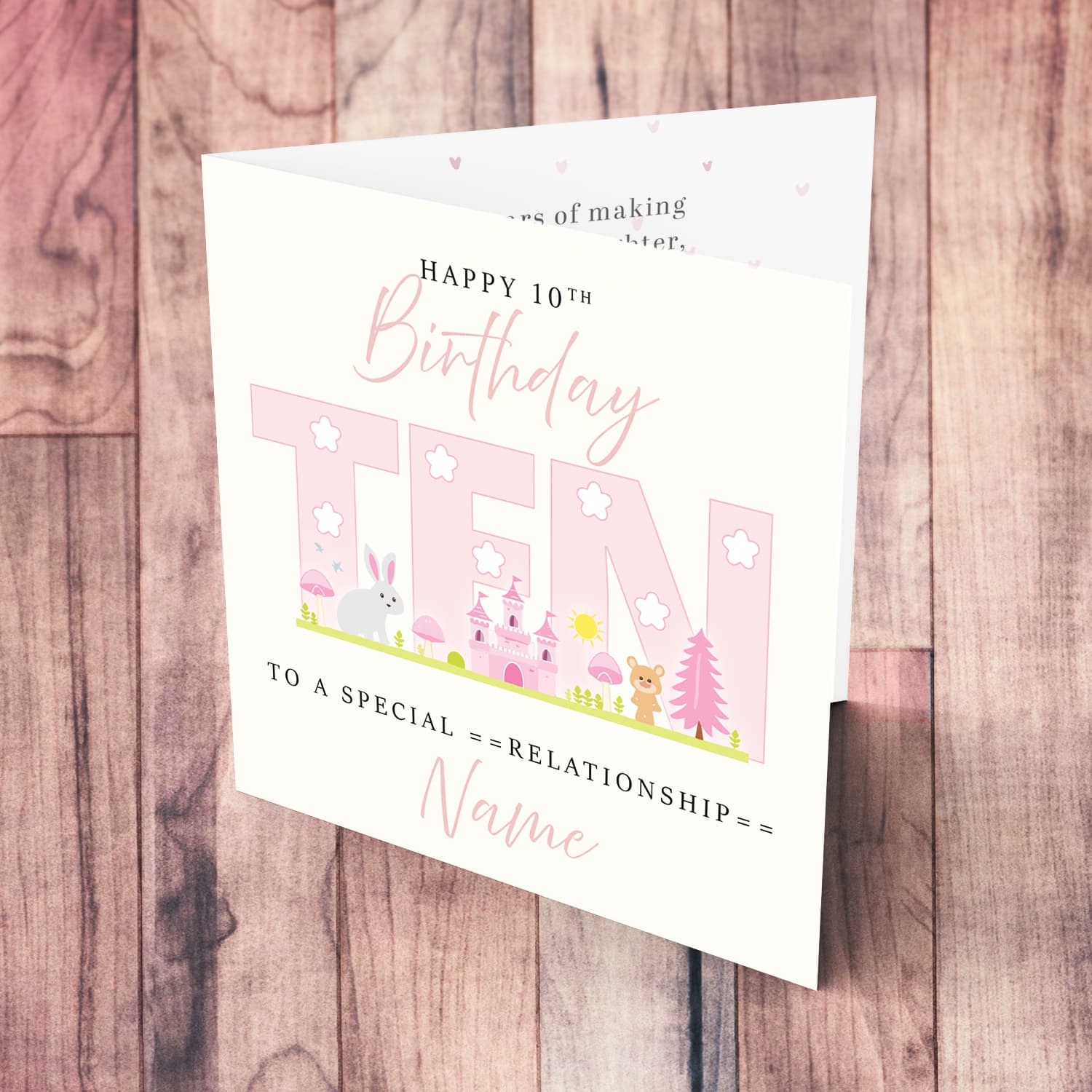 A cute 10 th Birthday card - featuring fairy themed forest & animals in English (Personalisable)