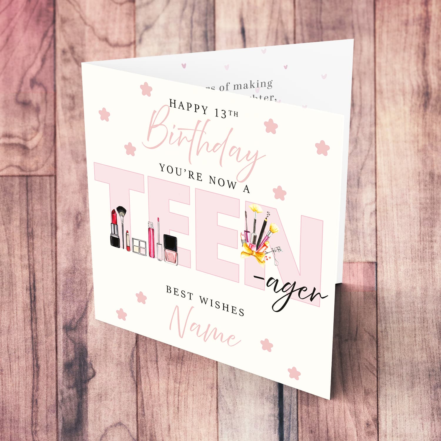 A cute 13th TEENAGER Birthday card - featuring large font TEEN in light pink with various makeup in English (Personalisable)