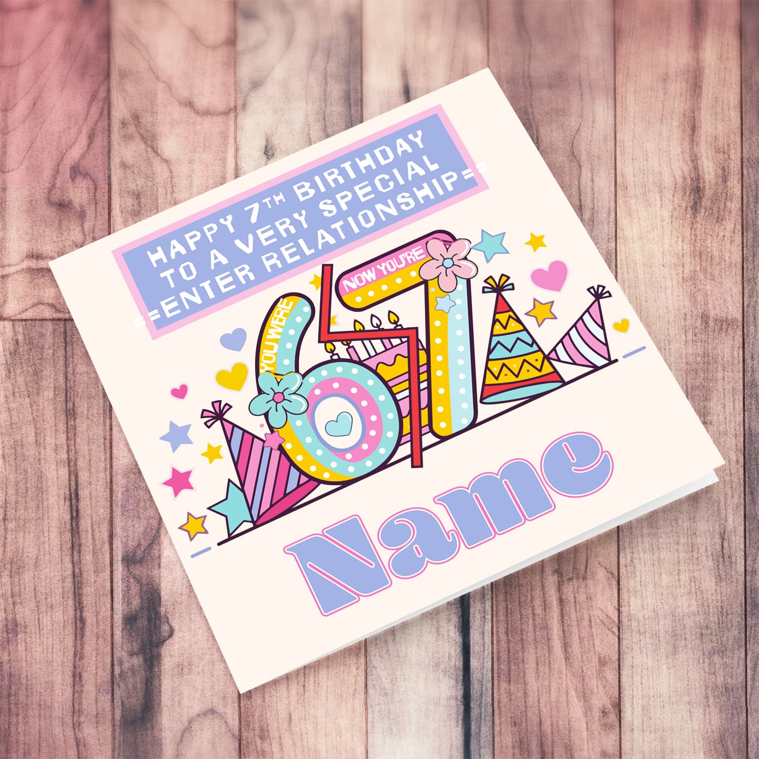 Cool 6 - 7 Birthday card for girls featuring a big 6 & 7, party hats and birthday cake in English (Personalisable)