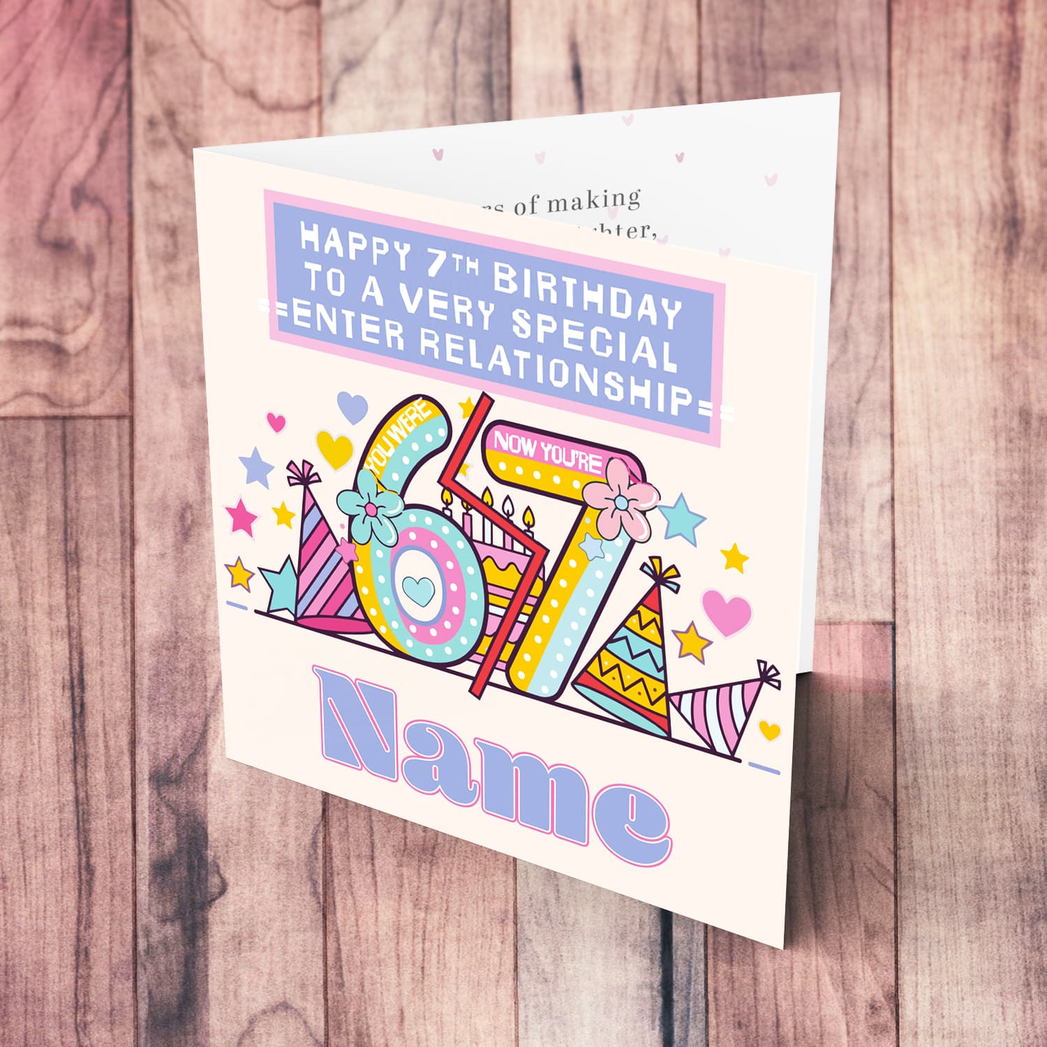 Cool 6 - 7 Birthday card for girls featuring a big 6 & 7, party hats and birthday cake in English (Personalisable)