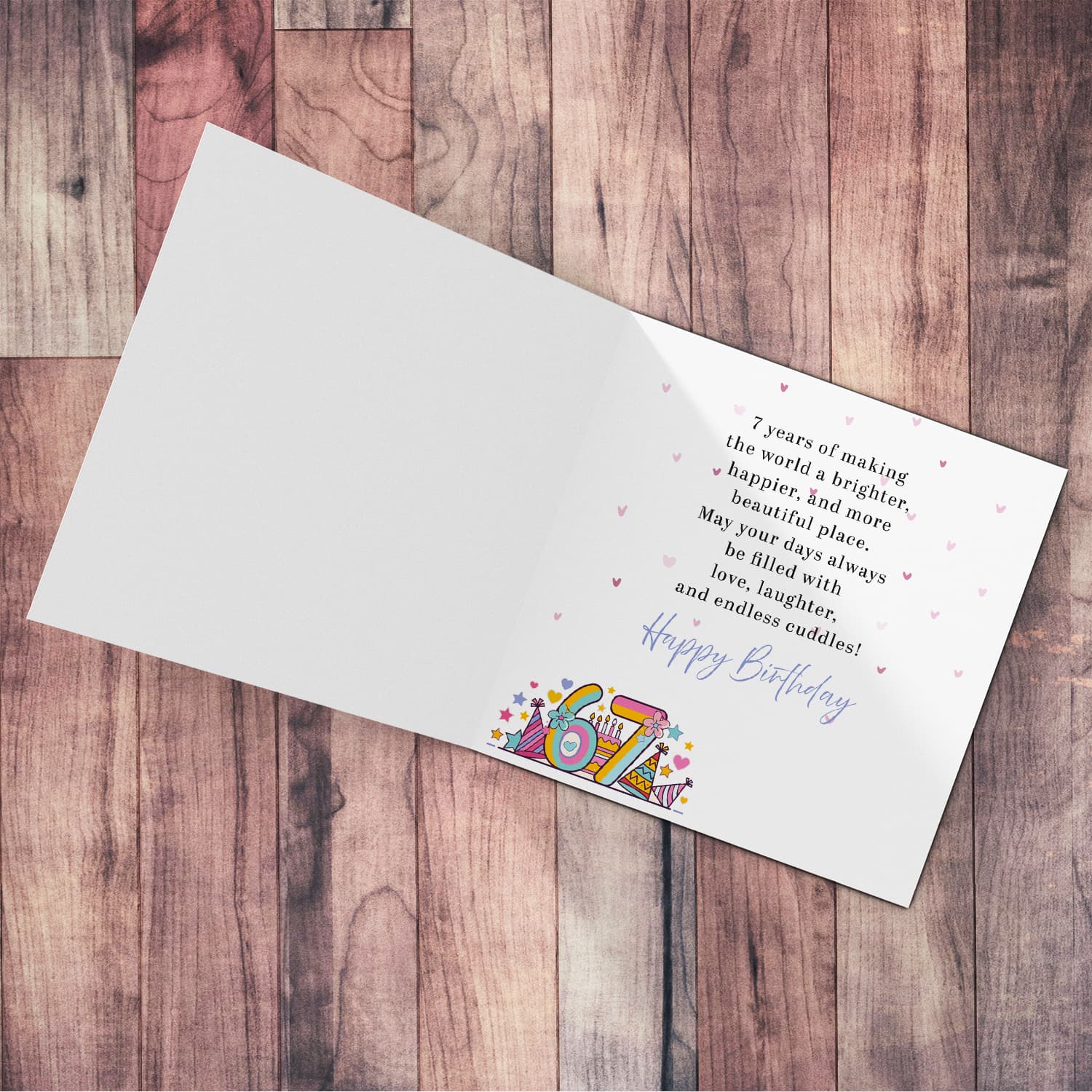 Cool 6 - 7 Birthday card for girls featuring a big 6 & 7, party hats and birthday cake in English (Personalisable)