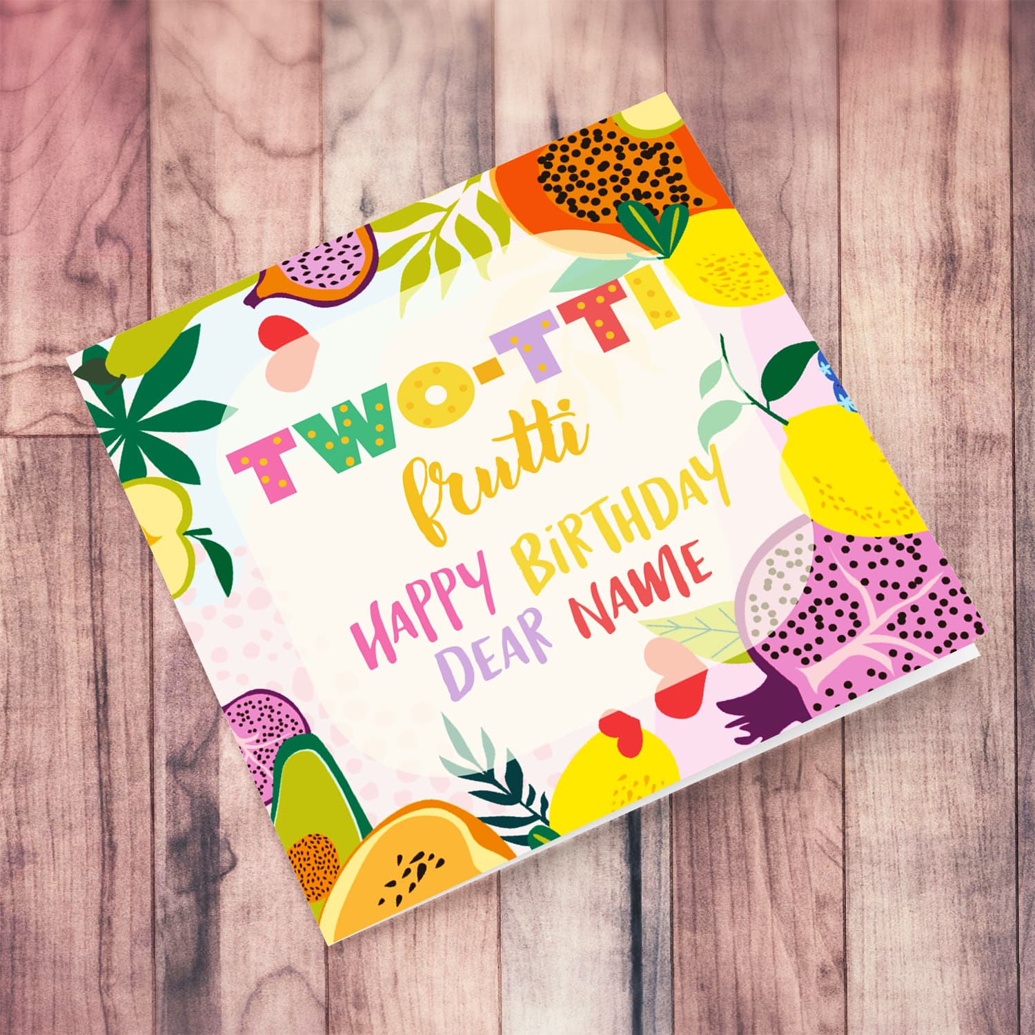 Colourful, fruity birthday card for a TWO year old girl in English (Personalisable)