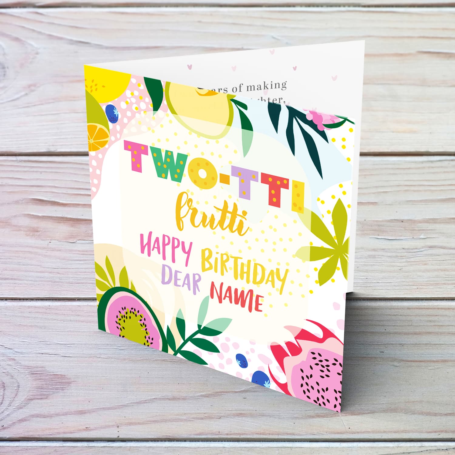Colourful, fruity light colours birthday card for a TWO year old girl in English (Personalisable)