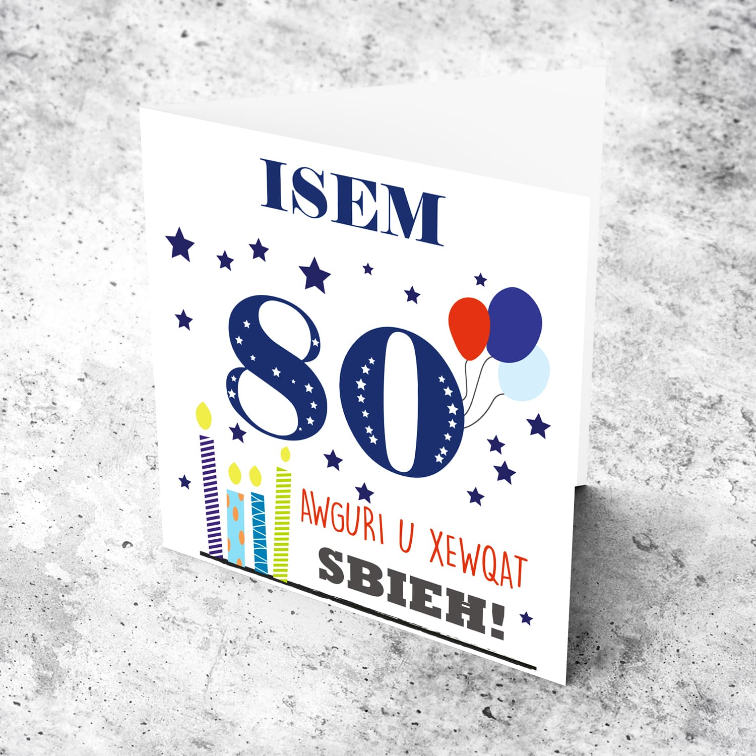 Happy 80th Birthday card with cute colourful candles and balloons in Maltese (Personalisable)