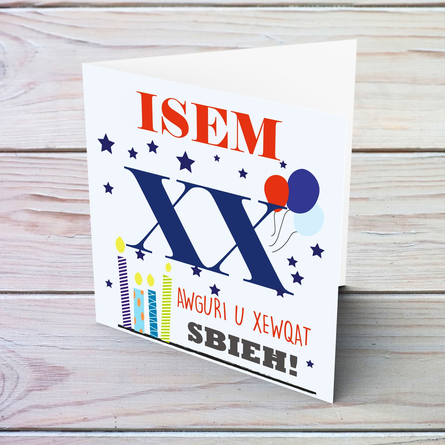 A colurful birthday card with cute colourful candles and balloons, featuring Name & Age in a light blue background in Maltese (Personalisable)