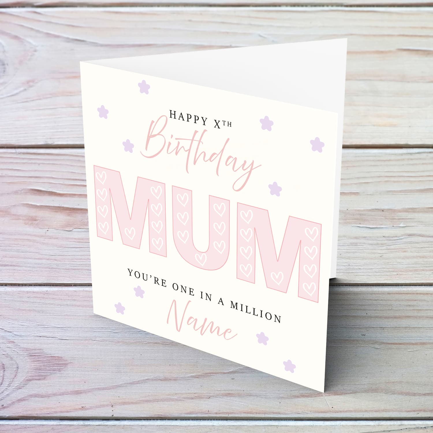 A beautiful birthday card for MUM in big light pink font featuring hearts in English (Personalisable)