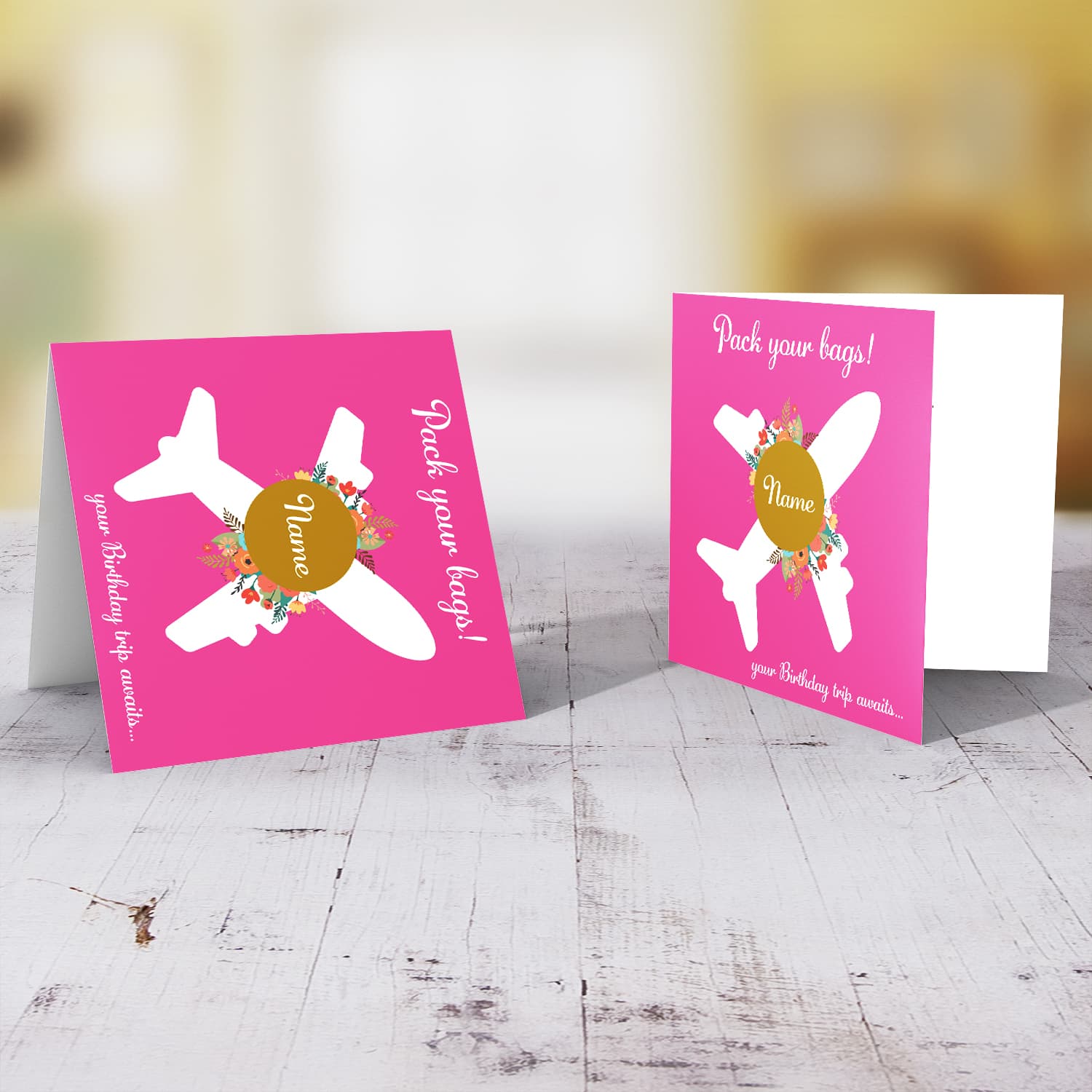 Surprise trip birthday card in pink background, with a white plane, flowers and personalisable in English