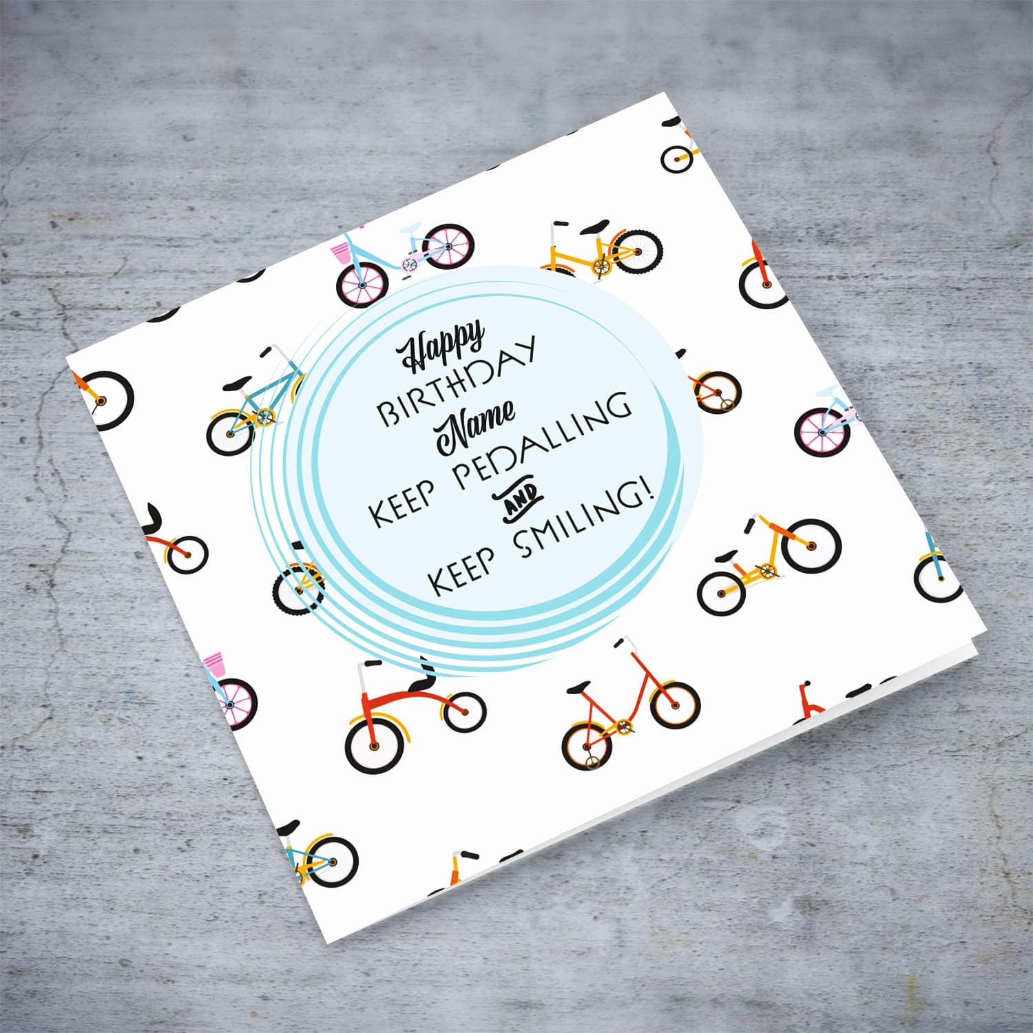 A personalised birthday card for cycling lovers, feauturing a bicycle background and birthday wish in English (Personalisable)