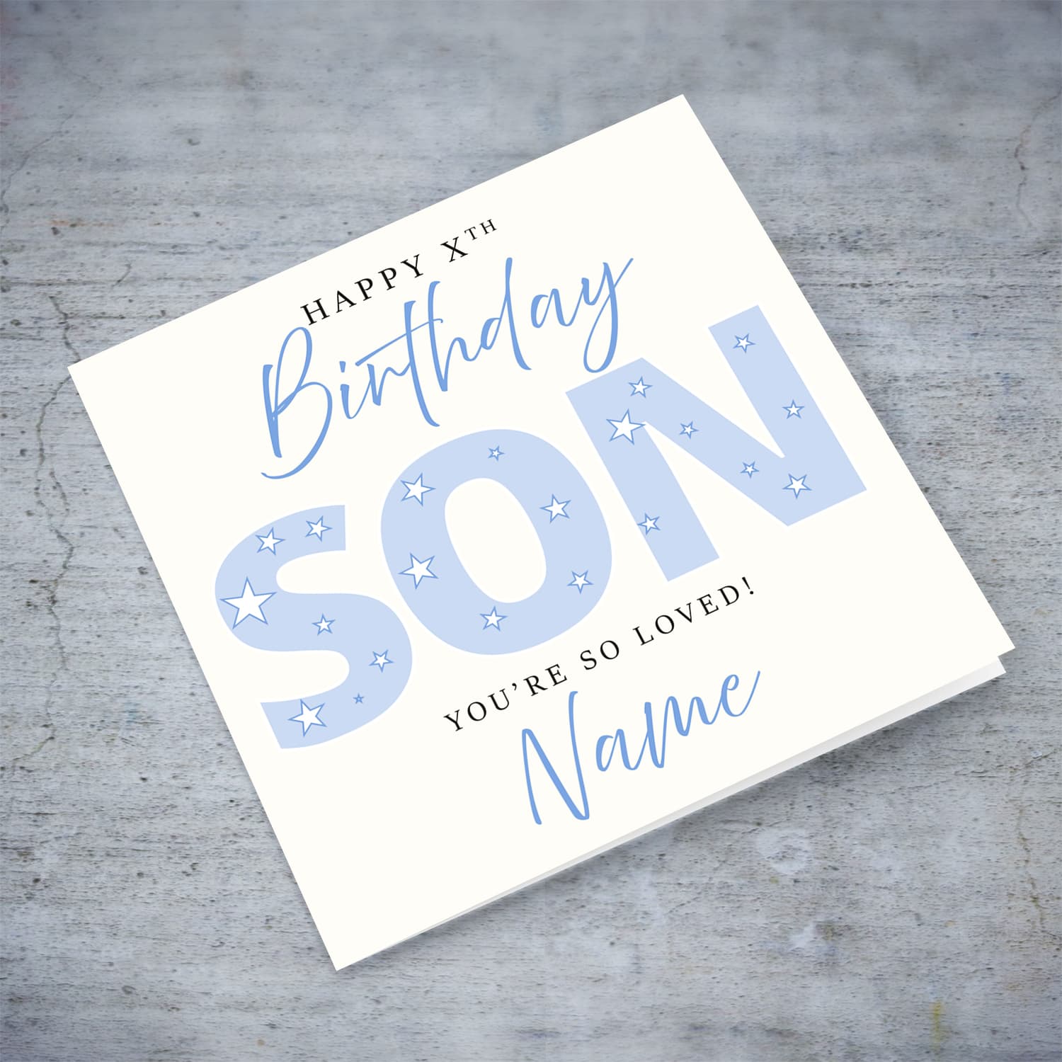 A beautiful birthday card for SON in big light blue font featuring hearts in English (Personalisable)