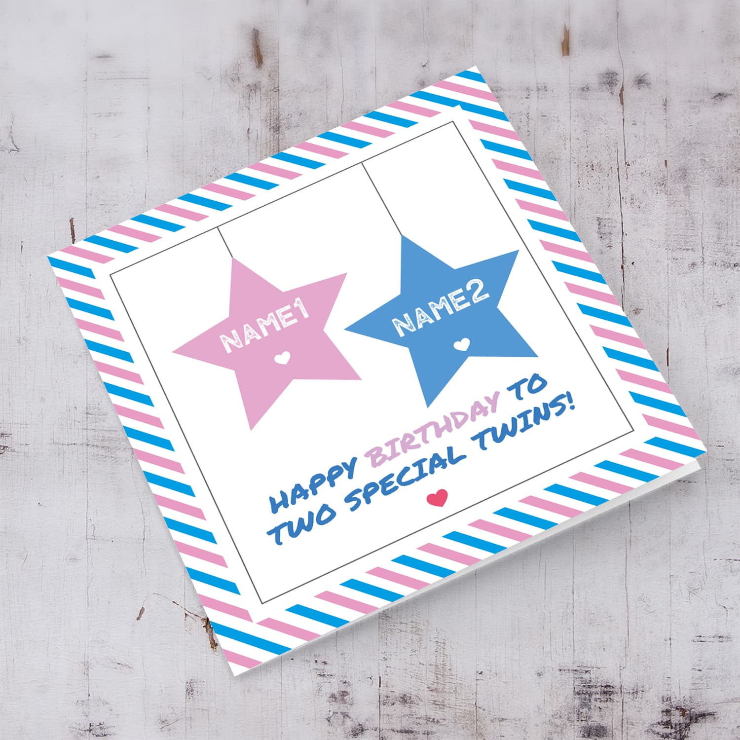 Twins birthday card with 2 hanging stars in pink and blue and striped border in English (Personalisable)